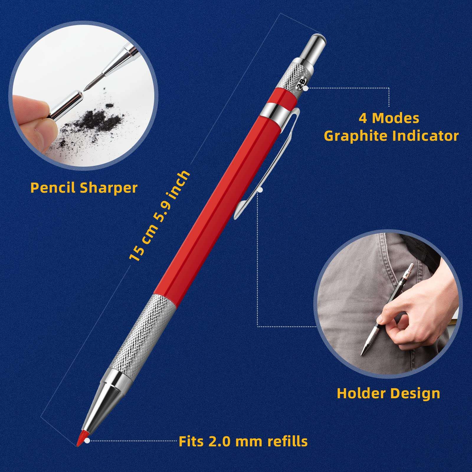 Mechanical Carpenter Pencil Set with 40 Refills and 2 Erasers, 4 PCS Deep Hole Woodworking Pencils Marker Marking Tool with Built-in Sharpener for Carpenter Woodworking Architect Construction 5