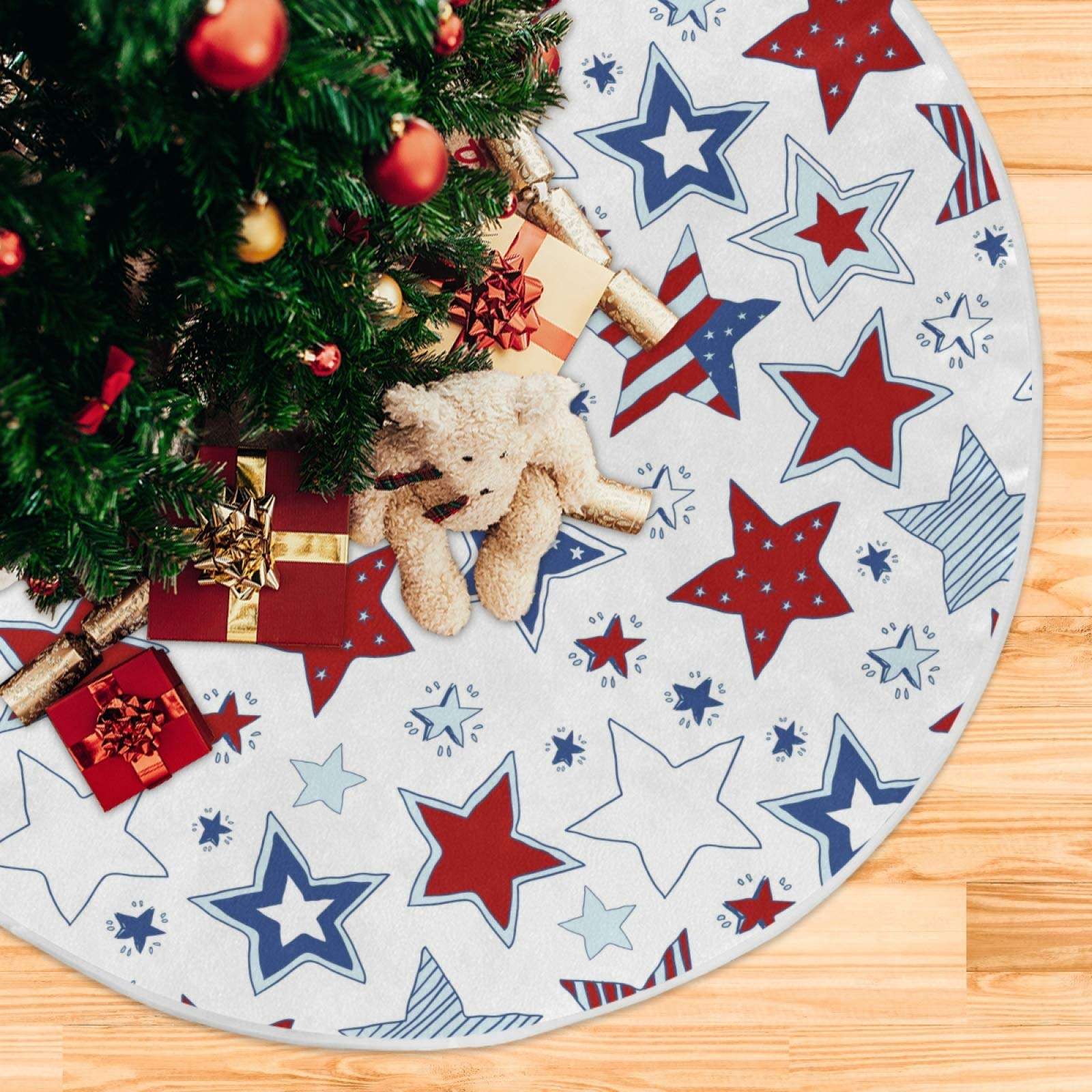 USA Flag Independence Memorial Day Christmas Tree Skirt 35.4 Inch Patriotic Stars 4Th Of July Xmas Tree Skirts Floor Door Mat Pad Rug Decorations for Holiday Party Indoor Outdoor Home Office Ornaments 4