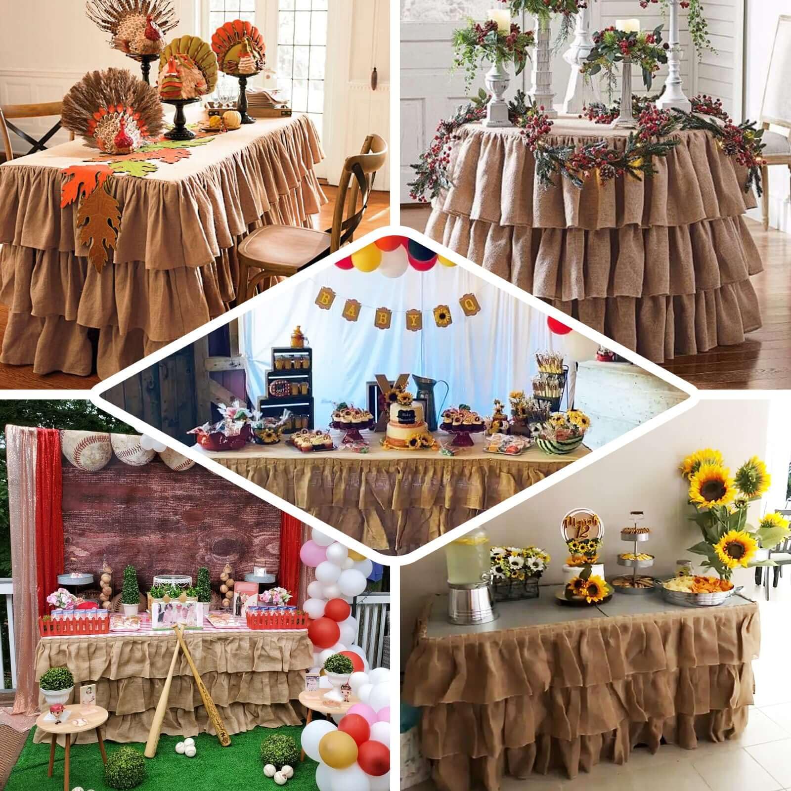 Efavormart 3 Tier Rustic Elegant Ruffled Burlap Table Skirt for Kitchen Dining Catering Wedding Party Decorations Events - 14 Ft 6