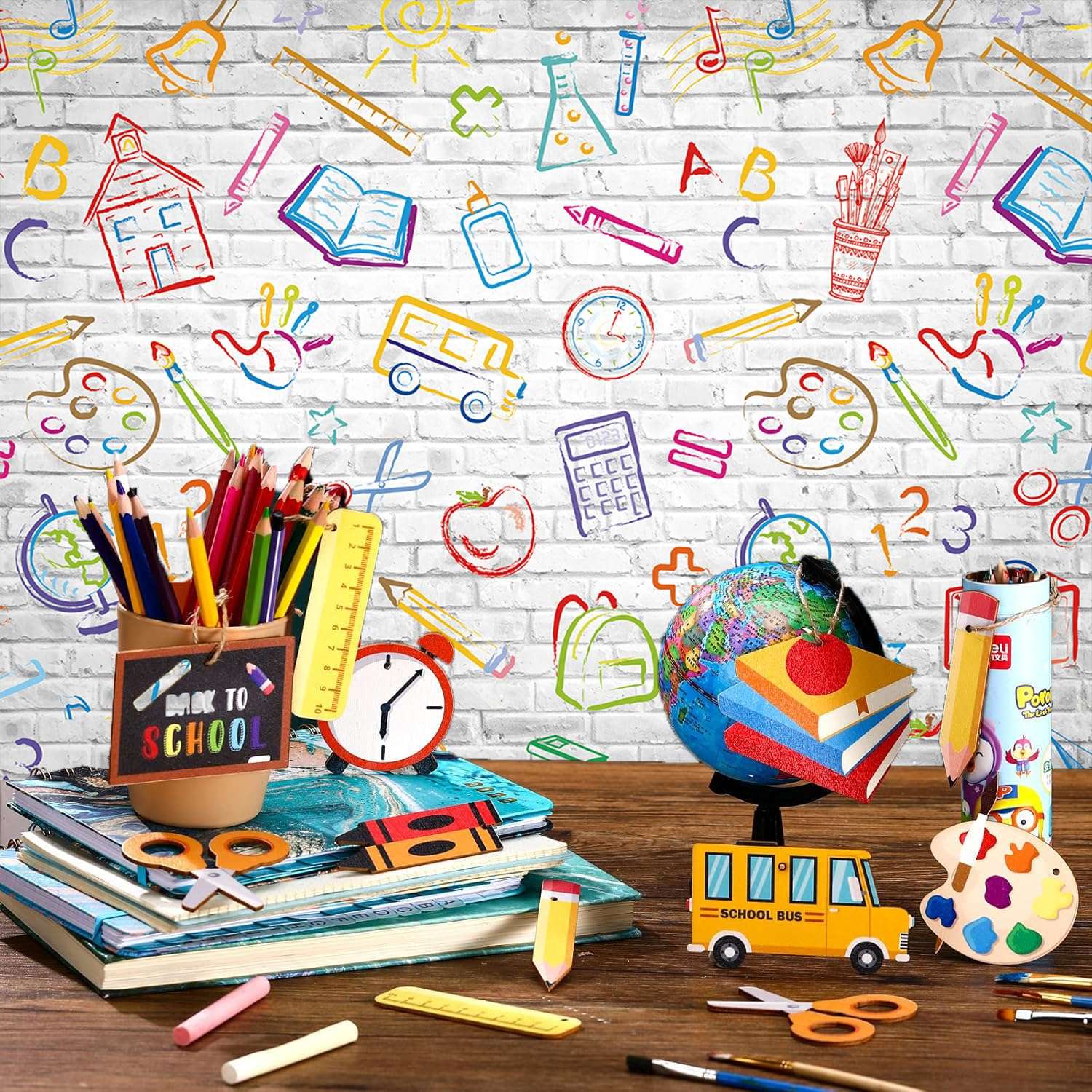 Back to School Backdrop Hand Painted Pencils Books White Brick Wall Photography Background First Day of School Banner Online Teaching Party Decorations Photoshoot Studio Props (10x8FT: 120x96 inch) 3