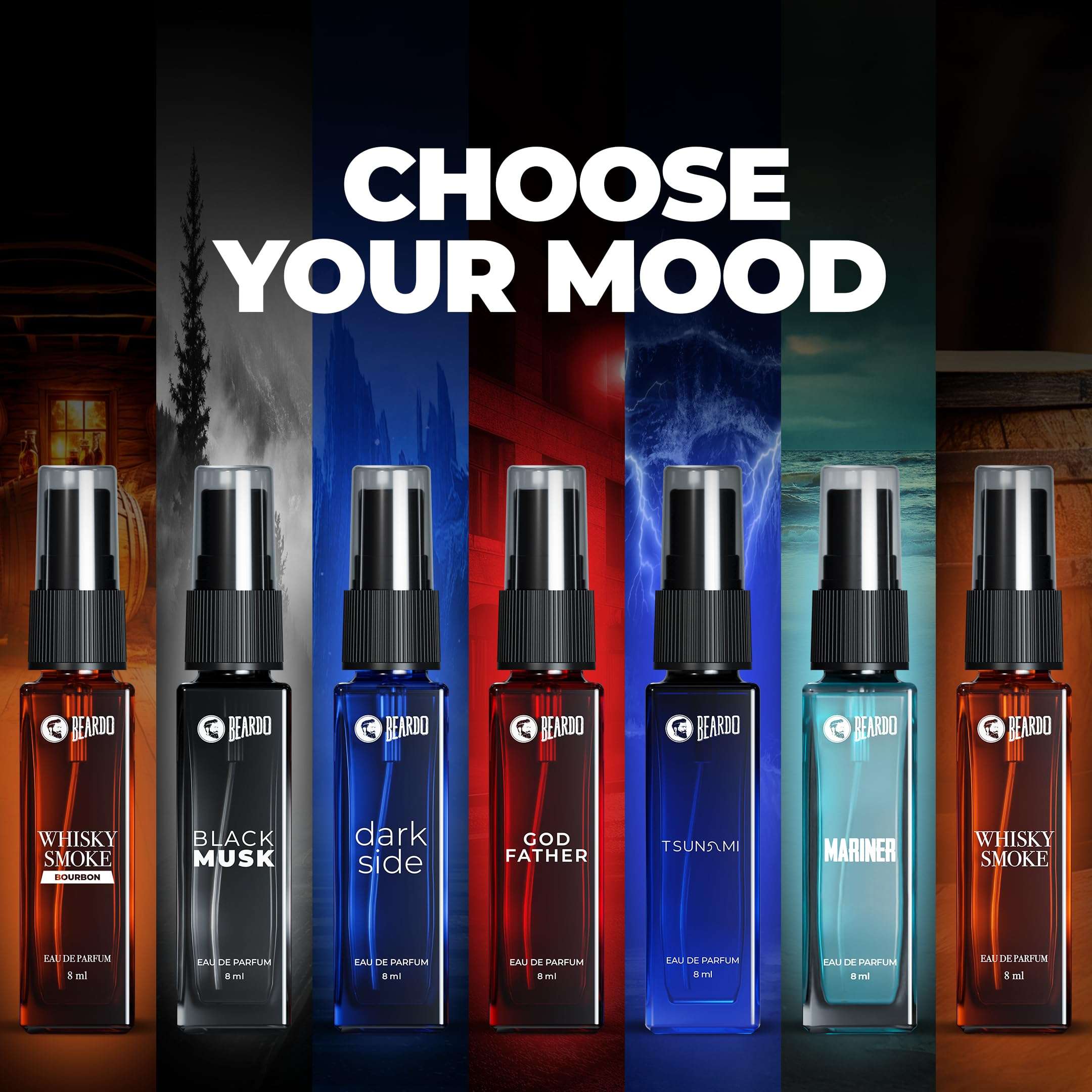 Beardo Legendary 7 Assorted Perfume Gift Set for Men 7X8ml with Long Lasting Fragrances | Travel Pack with Mariner Whisky Smoke Dark Side God Father Tsunami & Black Musk 4