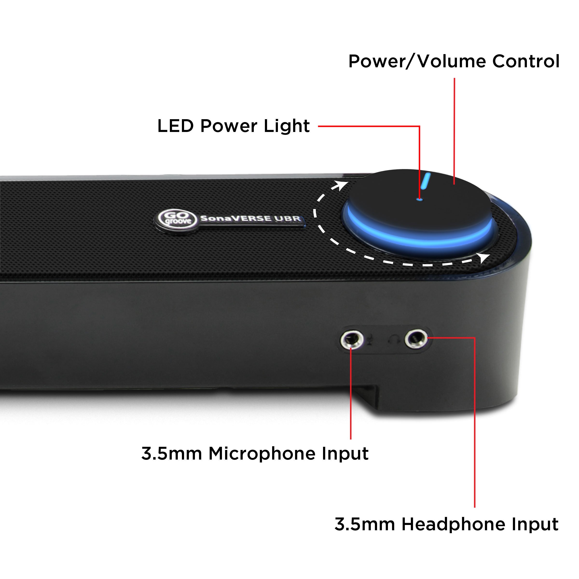 GOgroove Computer Speaker Mini Soundbar - USB Powered PC Sound Bar with Easy Setup Wired AUX, Stereo Audio, Microphone Port, Volume Control Knob, Under Monitor Design for Desktop (Blackout) 3
