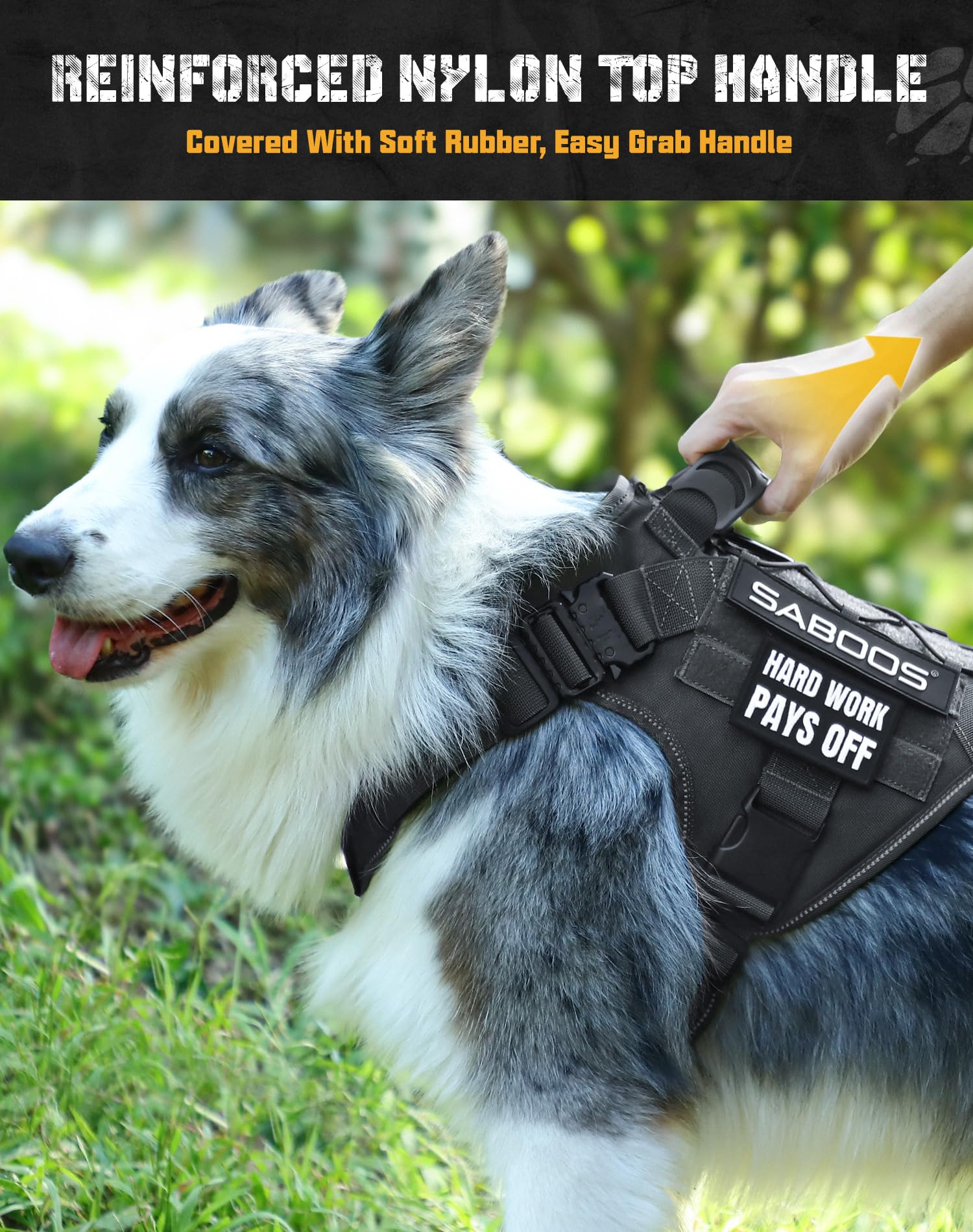 Saboos Dog Harness No Pull Military Dog Harness with Handle & Molle Easy Control Service Dog Vest Harness Training Walking Adjustable Reflective Tactical Pet Harness Black M 4