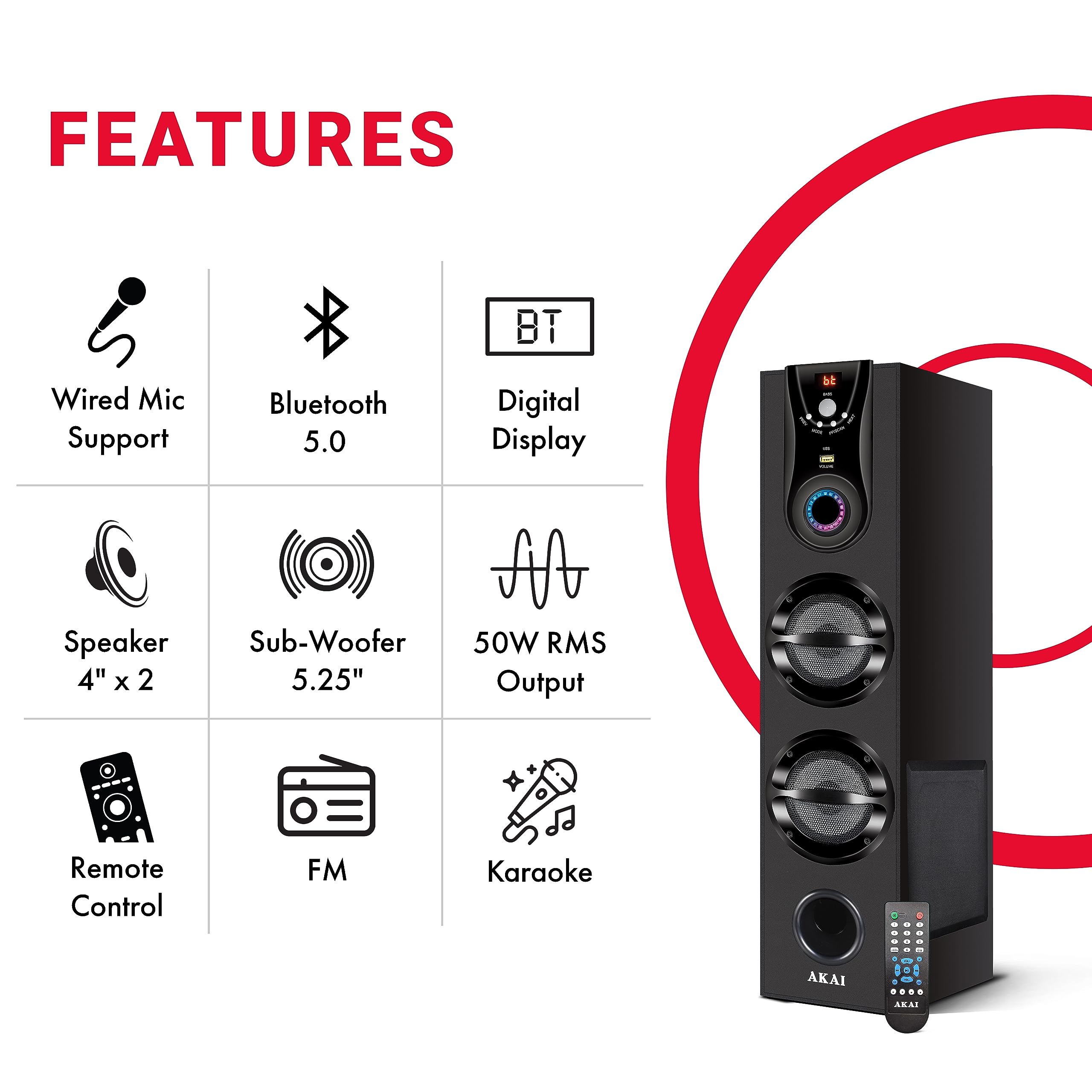 AKAI Bluetooth Tower Speaker Music System for Home TS 50 - Wooden Cabinet Subwoofer Echo Sound - 50W Home Theater - Remote Controlled Display - Support FM, Karaoke,AUX, USB 2