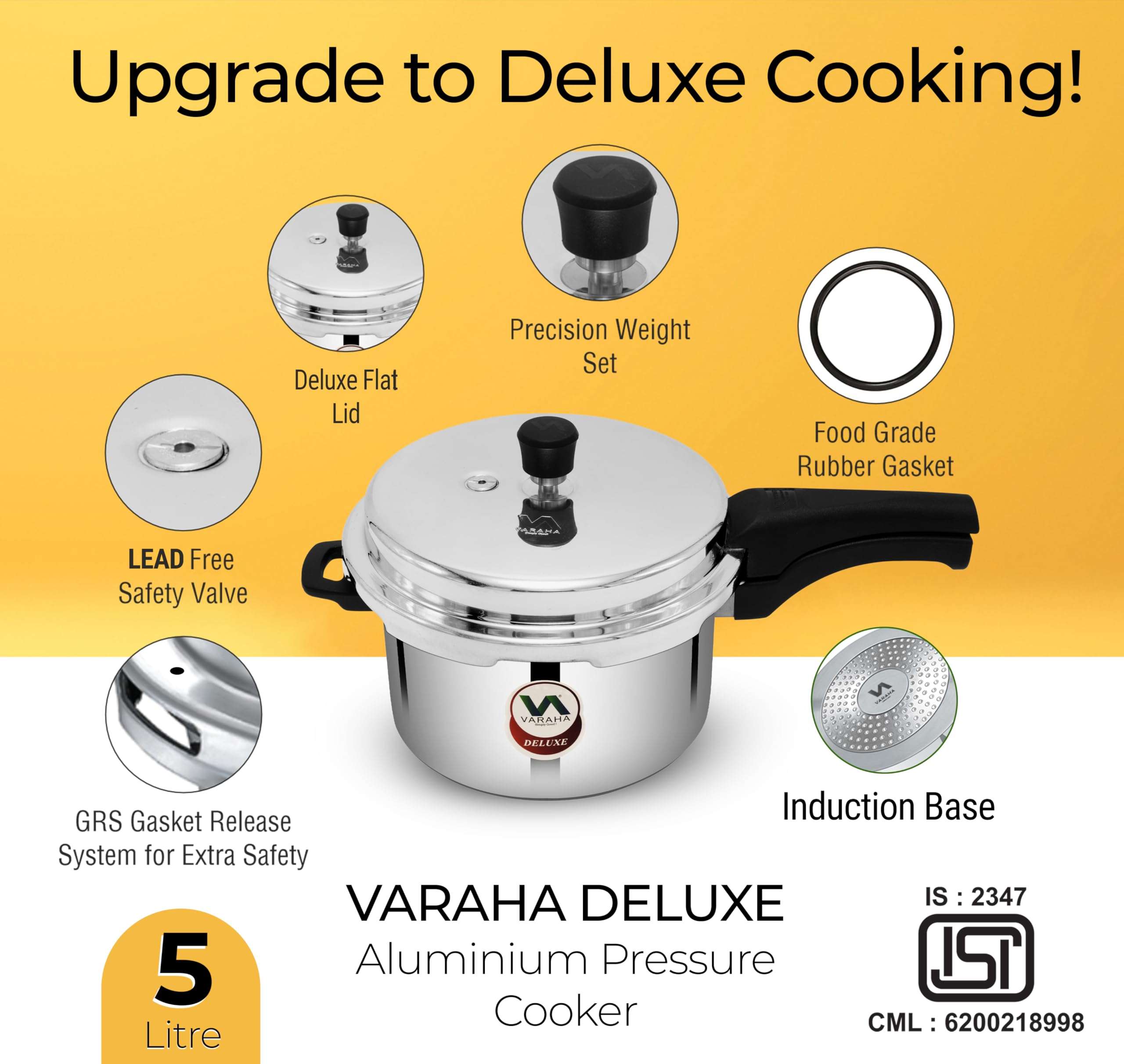 Varaha Deluxe 5 Litres Pressure Cooker | Outer Lid | Heavy Gauge Food Grade Virgin Aluminium | Induction & Gas Stove Compatible | ISI Certified | 5 Years Manufacturer's Warranty | Silver 5