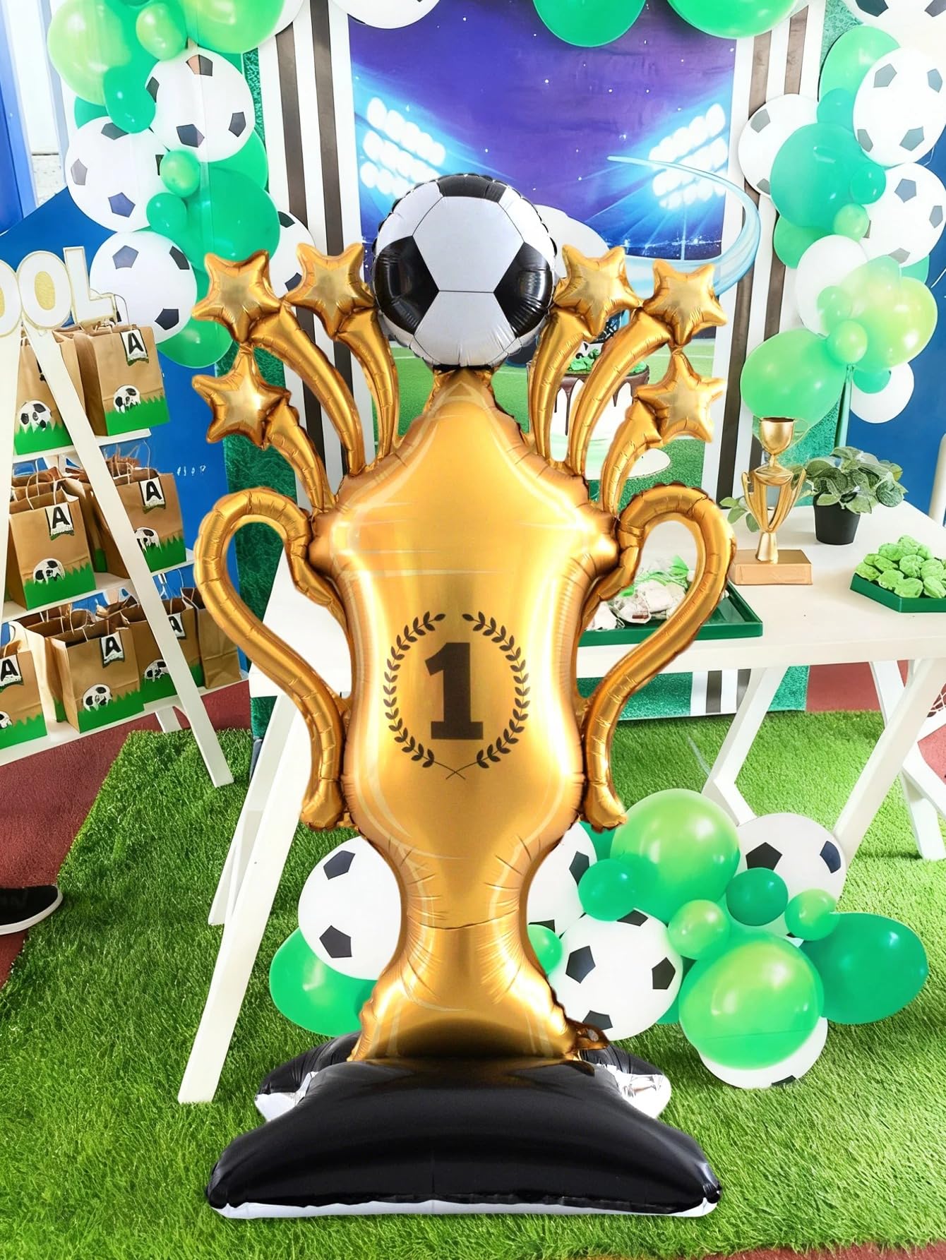 Atpata Funky 5 Feet Football Trophy Shape Self Standing Foil Balloon with Balloon Base – Giant Gold Champion Cup Balloon for Football Lovers Birthday, Match Day, Sports Event & Turf Party 5