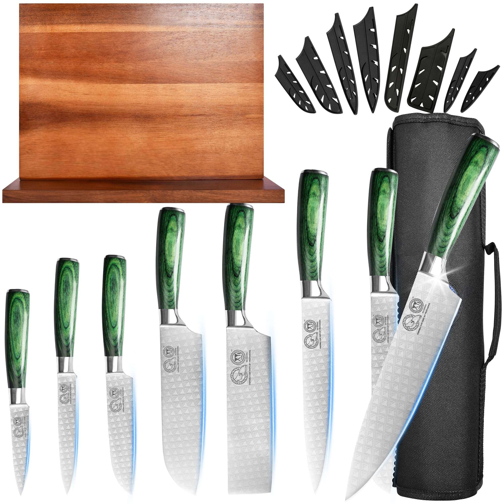 XYJ Kitchen Knife Block Set Stainless Steel 8pcs Knives With Roll Bag Magnetic Knife Stand Holder 1