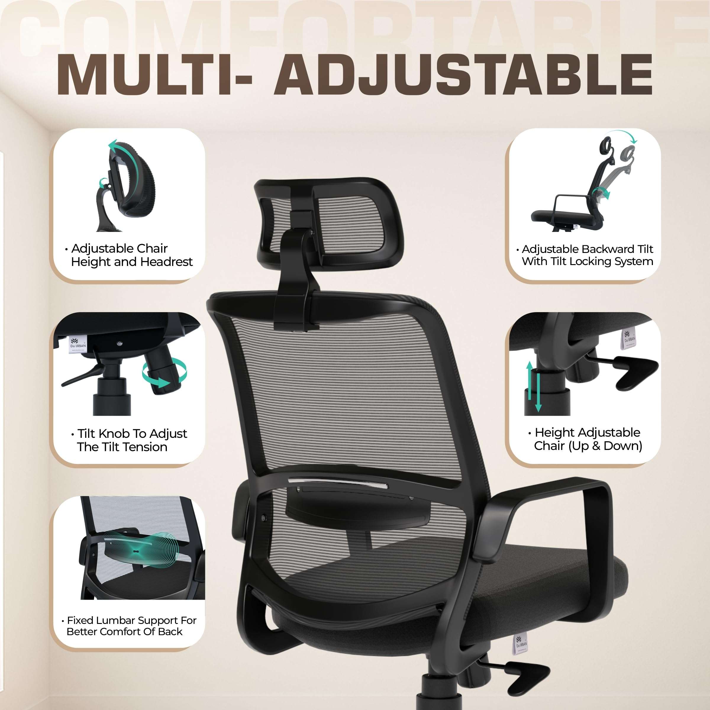 Da URBAN® Dysen Office Chair, High Back Mesh Ergonomic Home Office Desk Chair with 1 Year Warranty,Tilt Lock Mechanism (Black) 6
