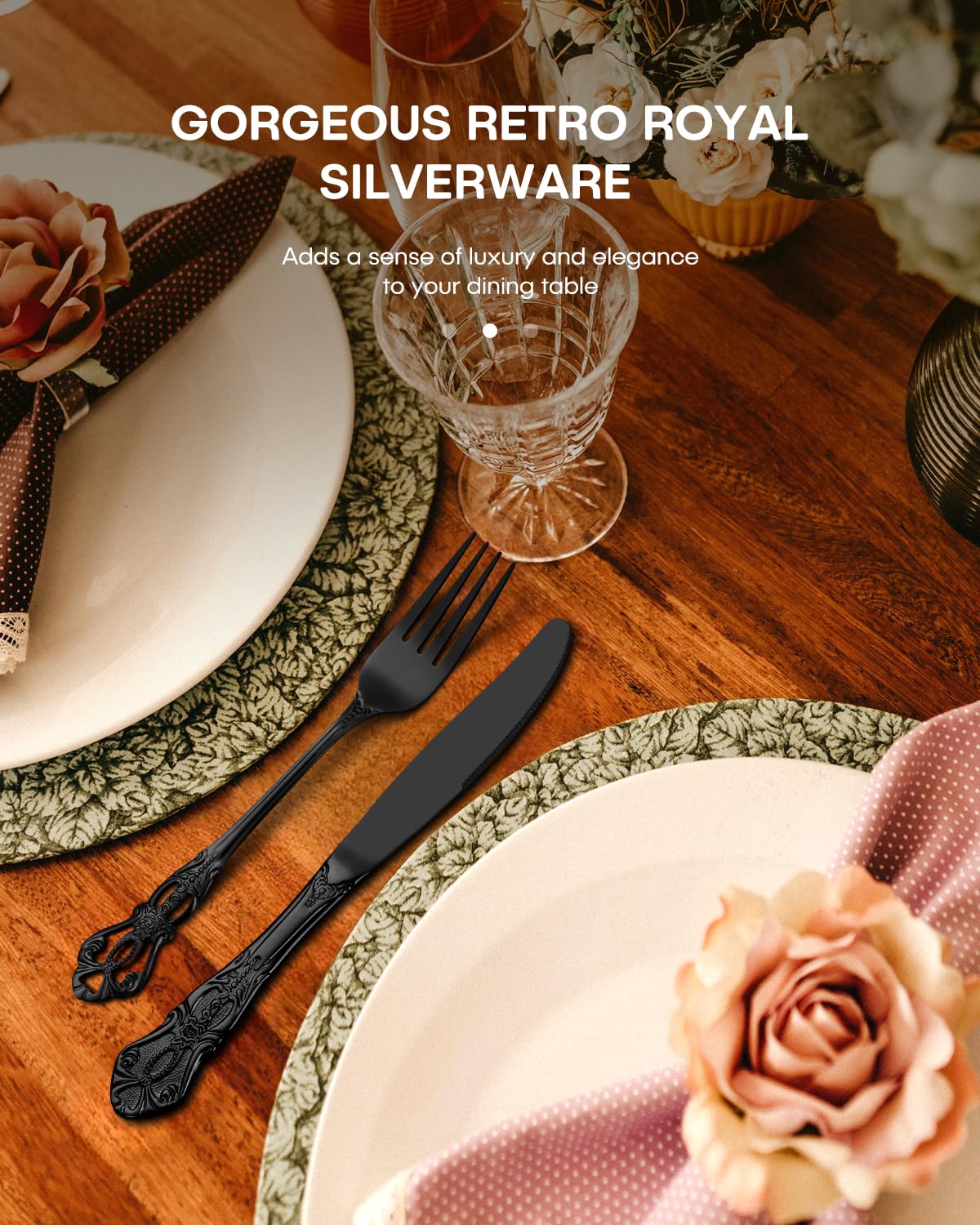 Stapava 48 Pcs Black Silverware Set with Gift Box, Gorgeous Retro Royal Silverware Set for 8, Stainless Steel Mirror Flatware Cutlery Set for Home Party Wedding, Dishwasher Safe Utensils Set 5