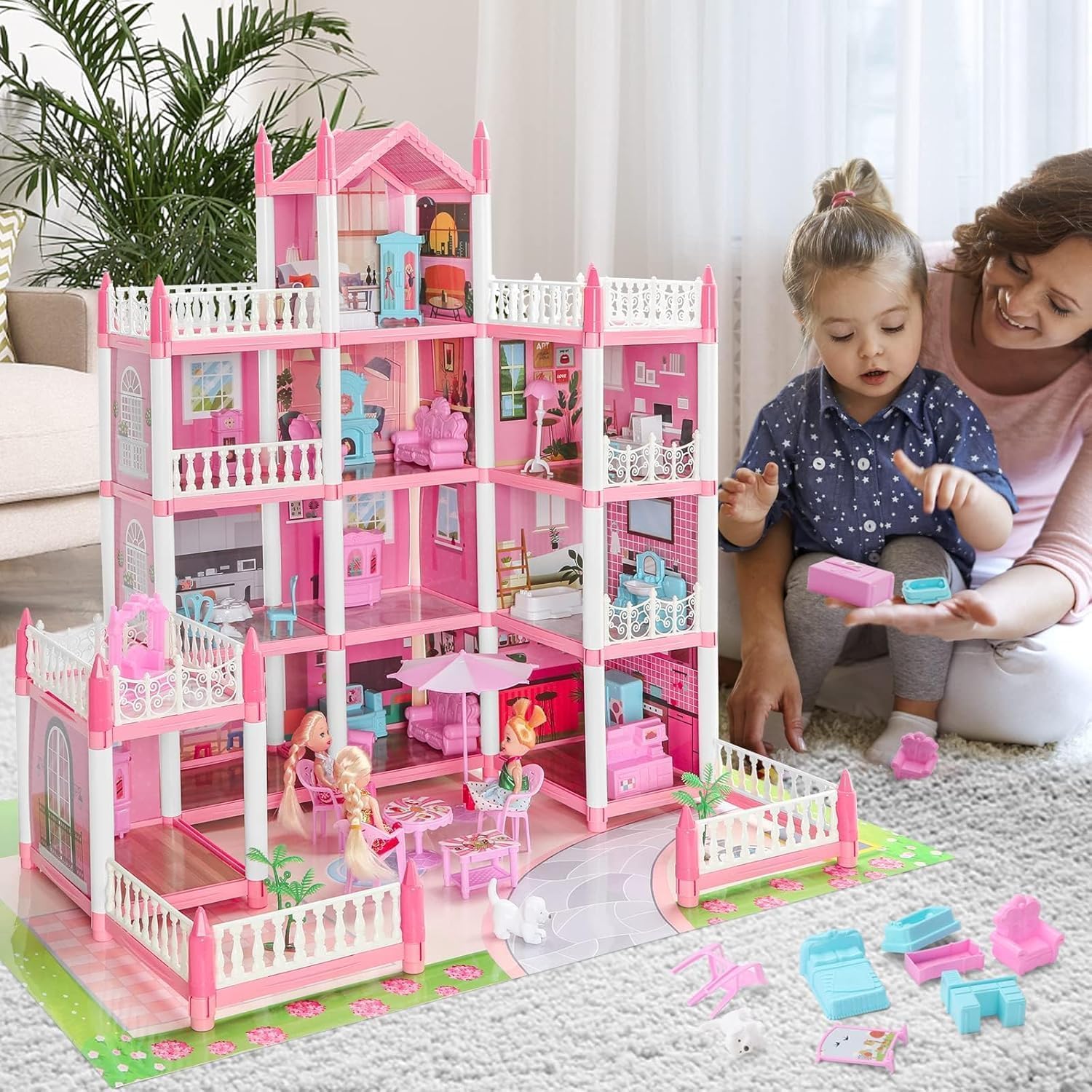 Junona Doll House,Dream House for Girls Pretend-Play DIY Dollhouse Kit,3-Story 9 Rooms Playhouse with 3 Dolls Toy Figures, Furniture and Accessories Set Gift Toy for Kids Ages 3 4 5 6 7 8+ 6