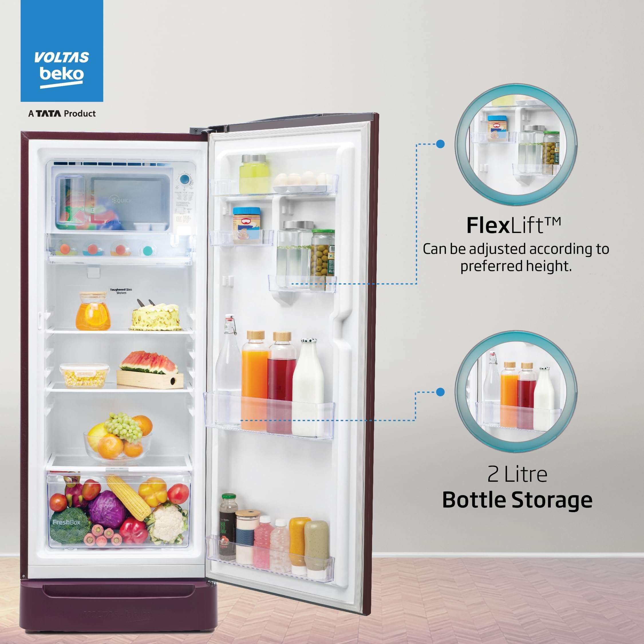 Voltas Beko, A TATA Product 183 L 5 Star Direct Cool Single Door Refrigerator (2024 Model, RDC215A/W0BWRTM0B00GO, Bonita Wine, Fresh Box and Quick Freeze Technology, with Base Drawer) 3
