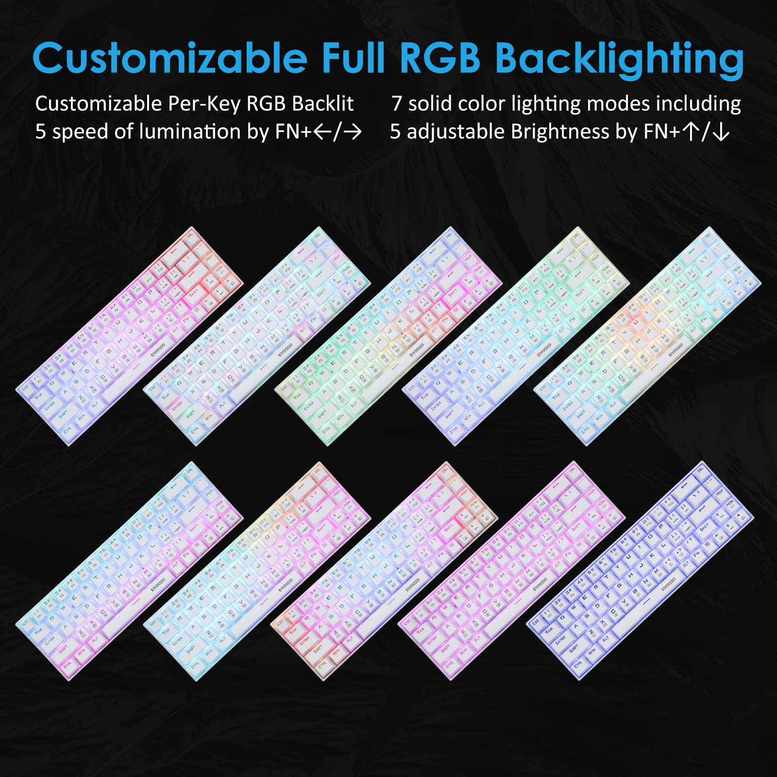 HUO JI Portable 65% Mechanical Gaming Keyboard, E-YOOSO Z-686 Customizable Per-Key RGB Backlit, Compact 68 Keys Mini Wired Office Keyboard with Blue Switch for Windows Laptop PC Mac - White 3