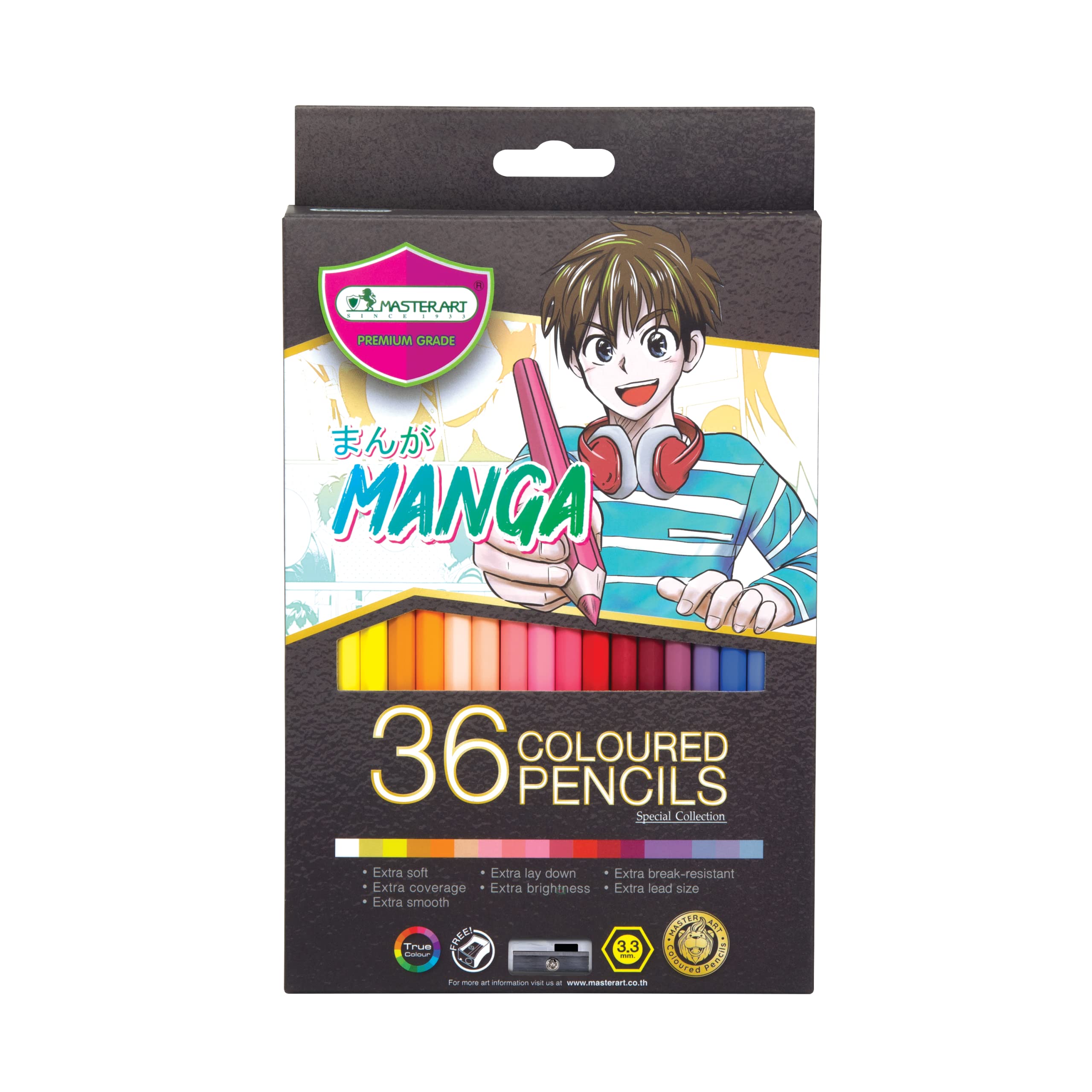 MASTERART Series Manga Colored Pencils, 36 Shades, 3.3mm Thick Core, Non-Toxic EN71/9 Certified, Vibrant Colors for Drawing & Sketching, Shading, Coloring Pencils for Kids & Artist.Made in Thailand