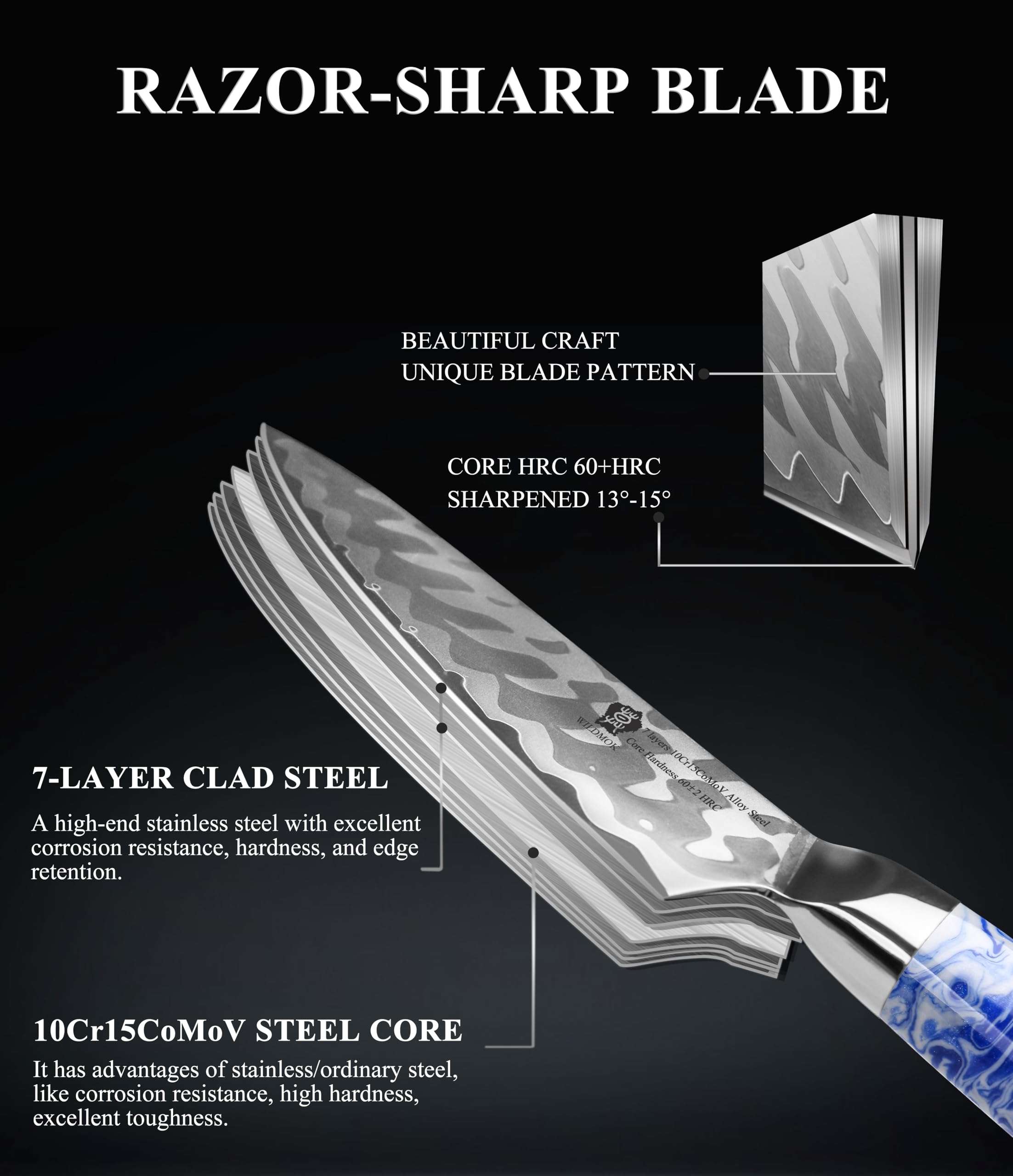 WILDMOK Chef Knife 8 Inch, Ultra Sharp Japanese Kitchen Knives - 7 Layers 10Cr15CoMoV Clad Steel Chef's Knife with Ergonomic Resin Handle 5