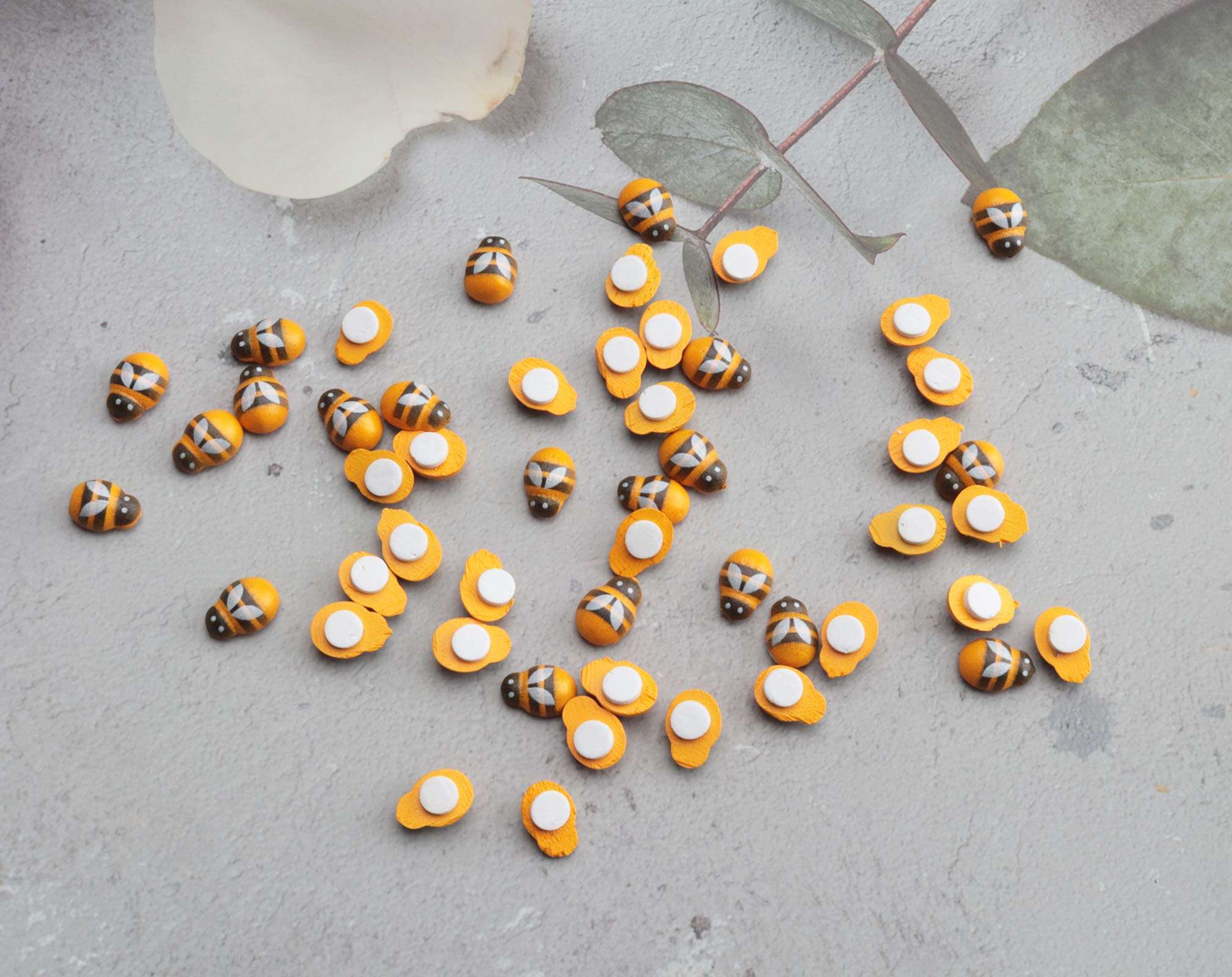 Ruwado 50 Pcs Wooden Bee Tiny Embellishments Self Adhesive Yellow Painted Flatback Bee Stickers for DIY Craft Project Scrapbooking Home Art Baby Shower Birthday Party Bridal Shower Decoration 4