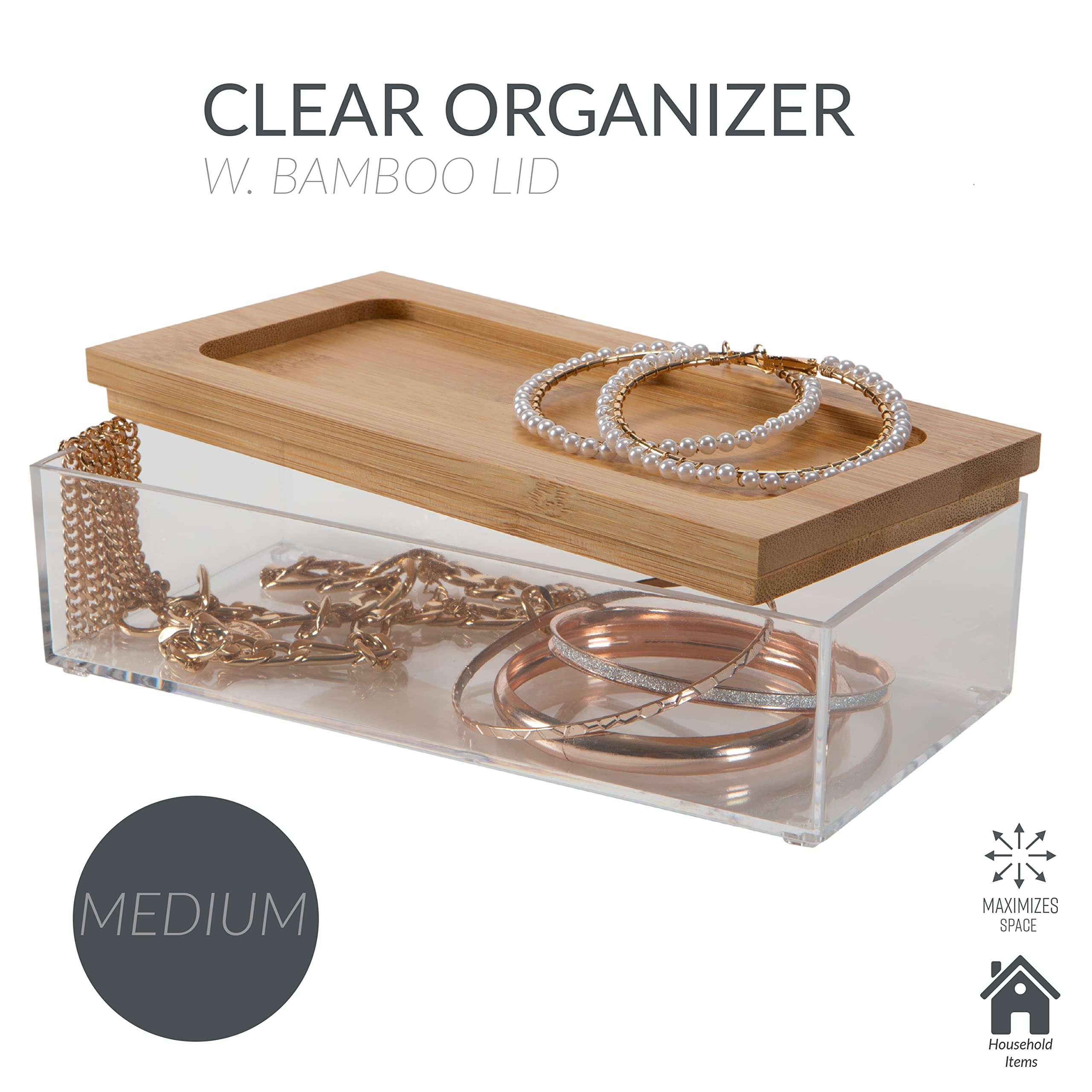 Simplify Medium Rectangular Bamboo Organizer | See-Through | Jewelry | Makeup | Cosmetics | Accessories | Bathroom & Bedroom | Vanity & Countertop | Lidded Boxes | Super Clear 3