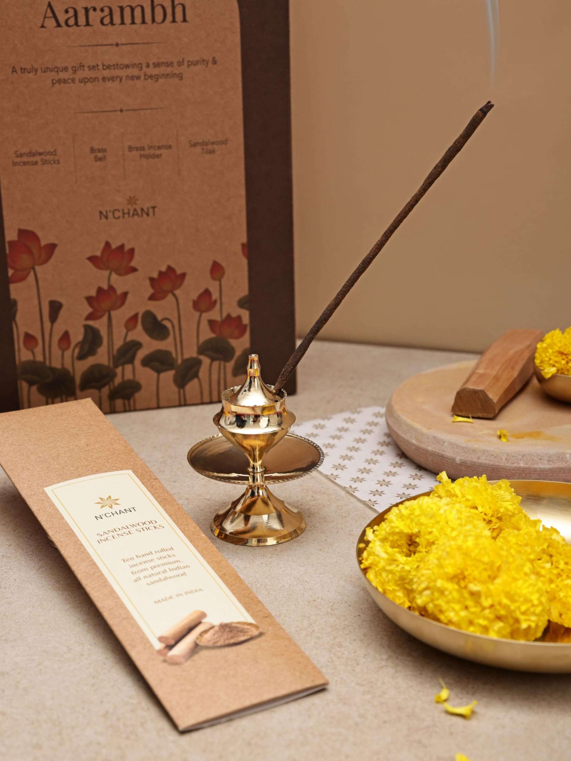 NChant Aarambh Puja Essentials Gift Box for Rituals Traditions and Ceremonies Diwali Puja Temple with Pital Bell Incense Holder Pure Sandalwood Tilak Incense Sticks Set of 1 5