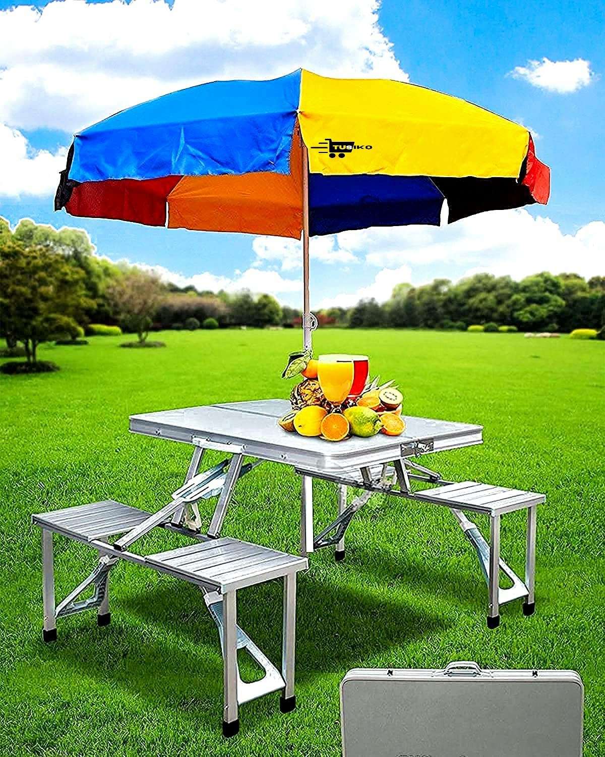 TUSIKO-Picnic-Table-Heavy-Duty-Aluminium-Portable-Folding-Camp-Suitcase-Picnic-Table-and-4-Chairs-Set-with-Umbrella 1