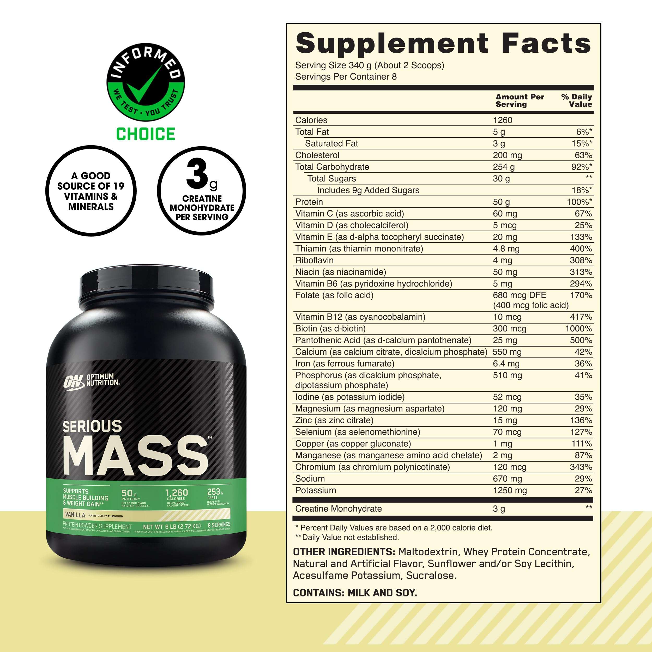 Optimum Nutrition Serious Mass, Weight Gainer Protein Powder, Mass Gainer, Vitamin C and Zinc for Immune Support, Creatine, Vanilla, 6 Pound (Packaging May Vary) 4