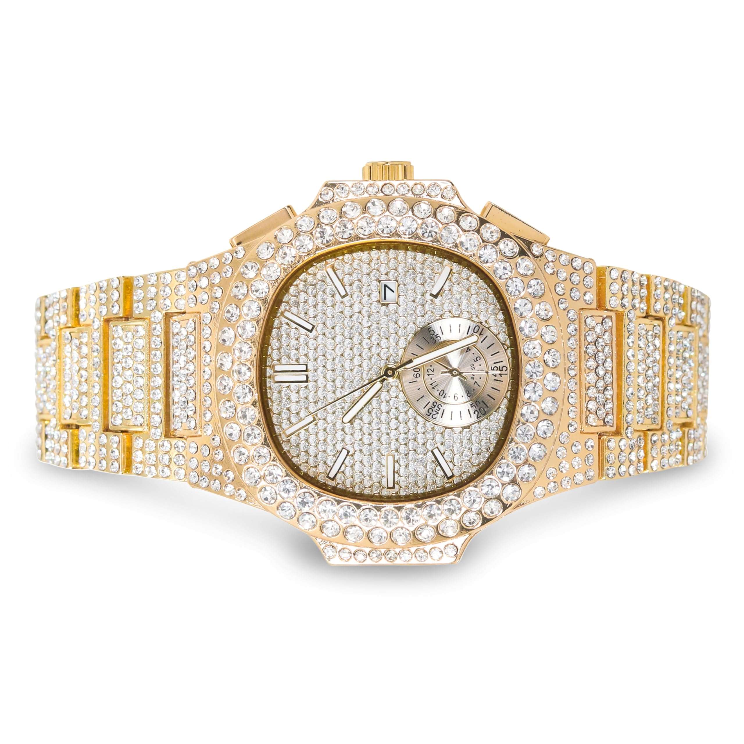 Techno Pave Men's 43mm Fully Iced Out Watch - Luxury Hip-Hop Style, Quartz Movement - Gold Finish 5