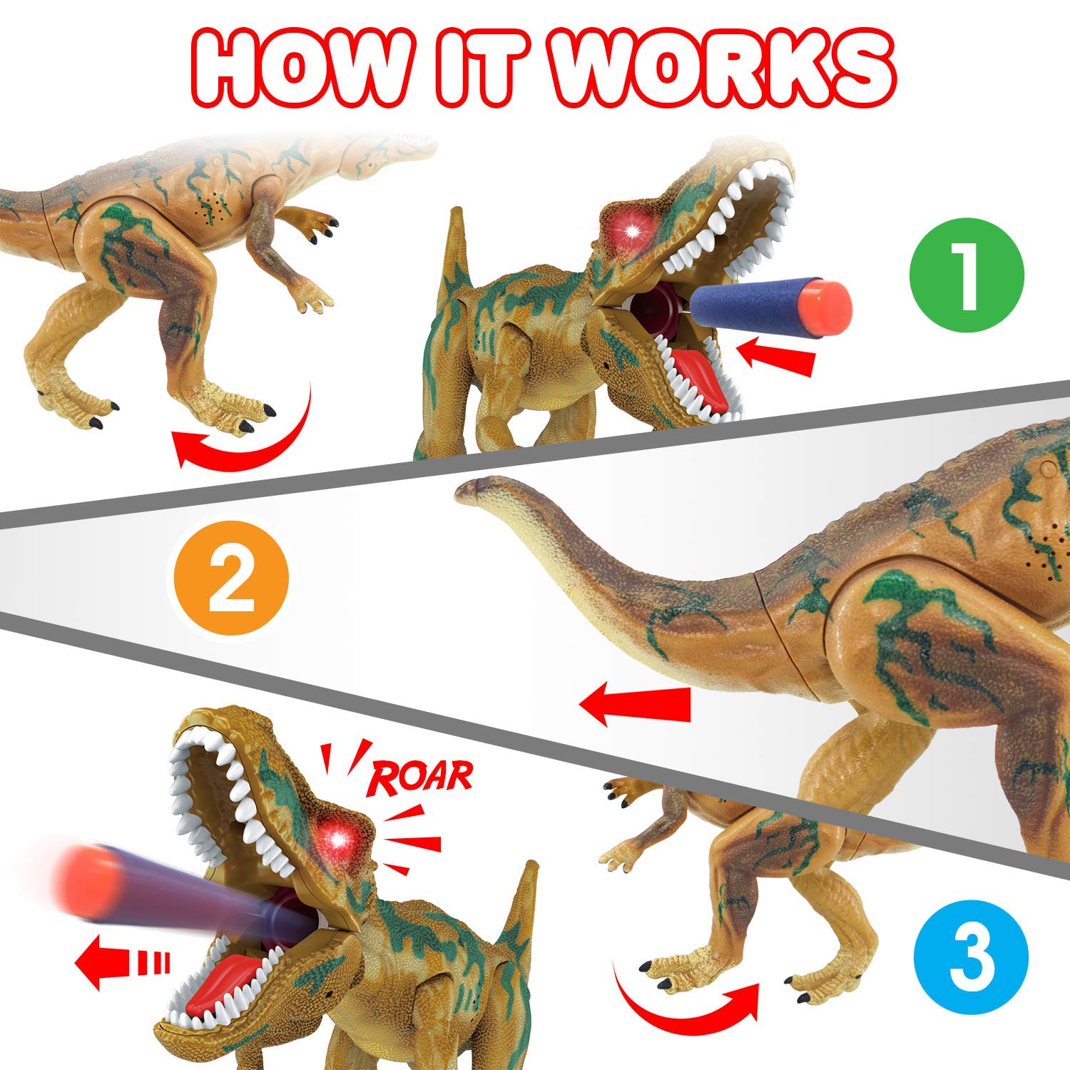 ArtCreativity Ejection Dinosaur Gun, Light Up Dinosaur Toy Blaster with 20 Bullets and Roaring Sound for Boys and Girls, Best for Kids 3+ 5