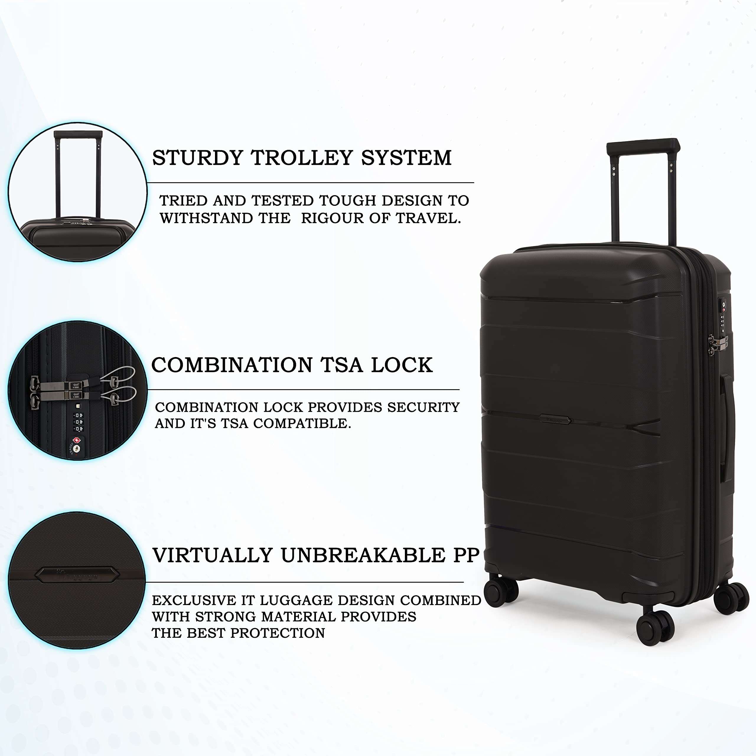 it luggage Momentous| Polypropylene| Medium |Hardsided Fashion Luggage Suitcase |Expandable| 8 Wheel Trolley |16-2886-08 |Black with TSA Lock- 66.2CM 3