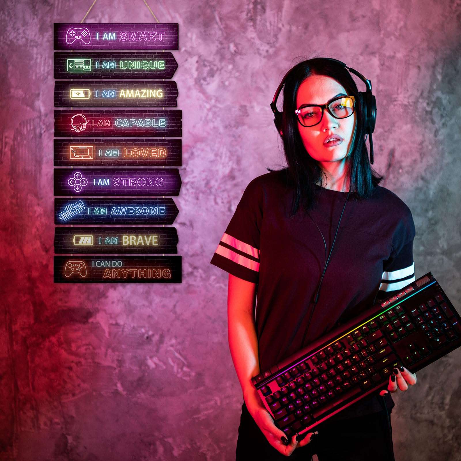 Chunful Set of 9 Boys Room Bedroom Decor Boys Inspirational Wall Decor Wood Hanging Plaque Motivational Kids Bedroom Wall Sign for Kids Teenage Toddler(Game) 6