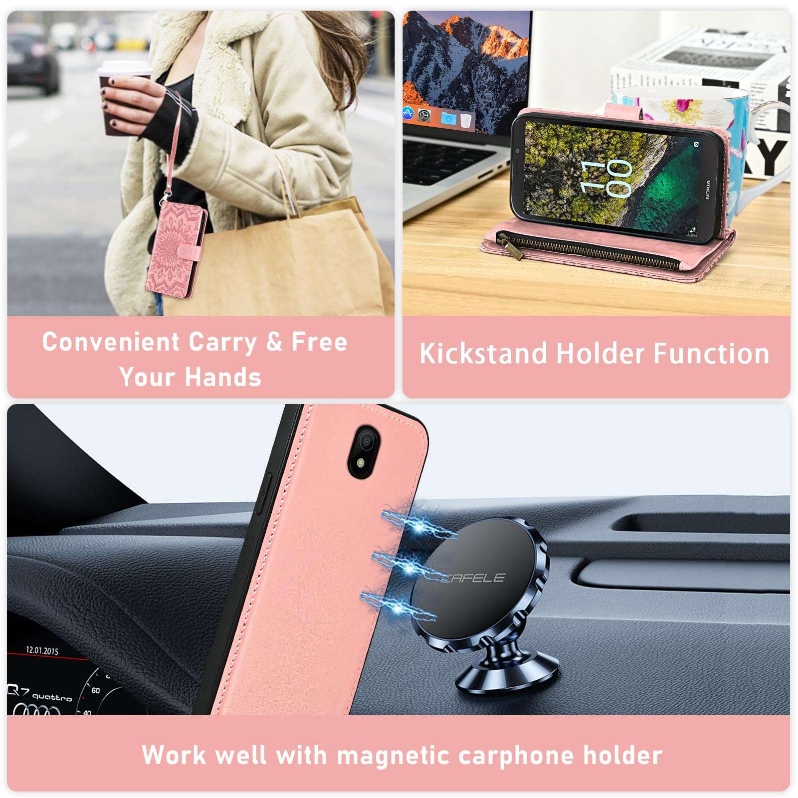 Asuwish Phone Case for Nokia C100 4G LTE N152DL Zipper Wallet Magnetic Detachable Cell Cover with Screen Protector Crossbody Lanyard Strap Flip Card Holder Slot C 100 100C 5.45 2022 TA1484 Rose Gold 5