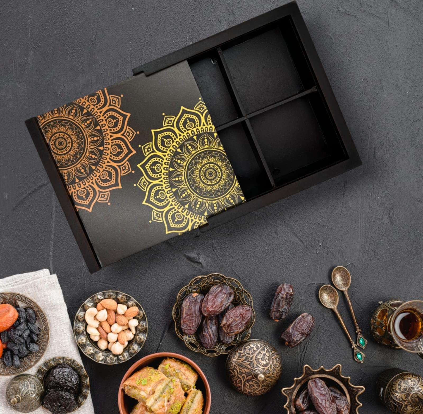 Angira handicrafts Wooden Dry Fruit Box Multipurpose 4 Section Handcrafted Large Size Square Dry Fruit Box for Diwali Gift, Food Storage, Spice Box AHS-WBOXX010 3