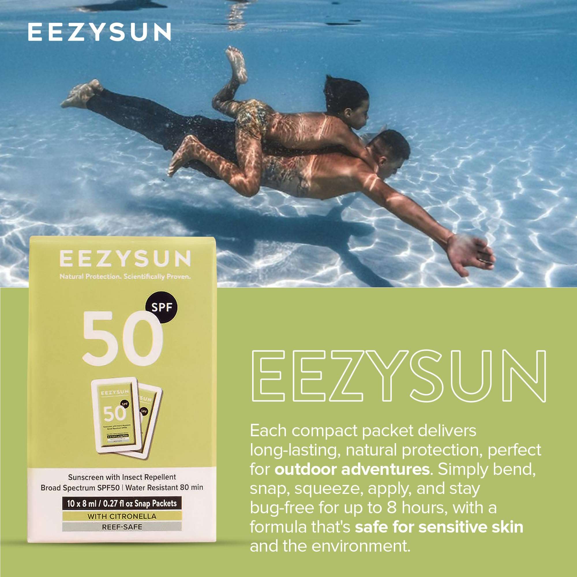 EEZYSUN SPF 50 Sunscreen and Insect Repellent Snap Packets - Sunscreen Travel Size Bug Repellent with Citronella Oil, Lemongrass, and Neem Oil - Reef-Safe Repellent - 10 Snap Packets (0.27 fl oz each) 6