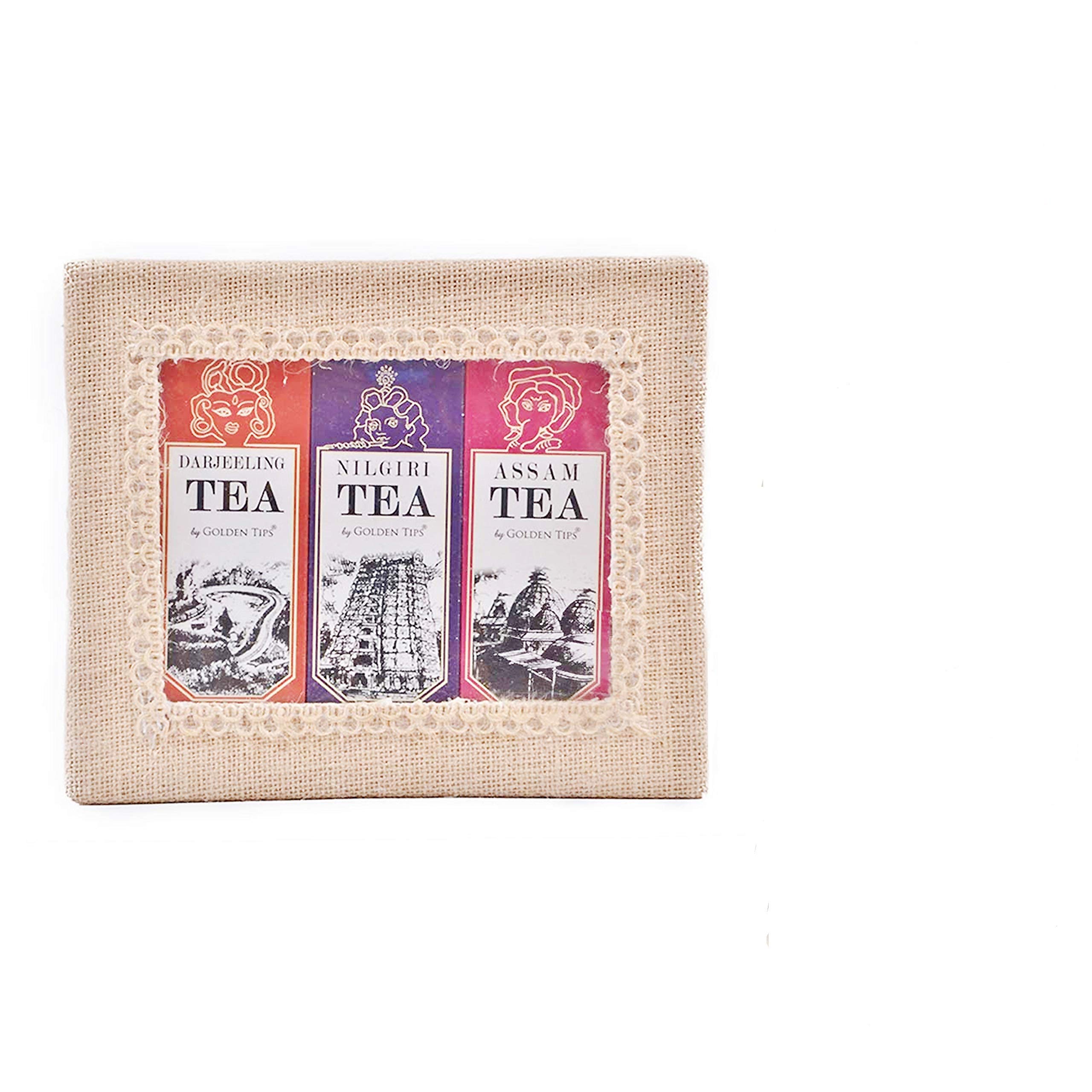 Golden Tips Loose Leaves Black Tea Set of 3 Premium Teas in Jute Box Darjeeling, Nilgiri and Assam (3x50 Gram)