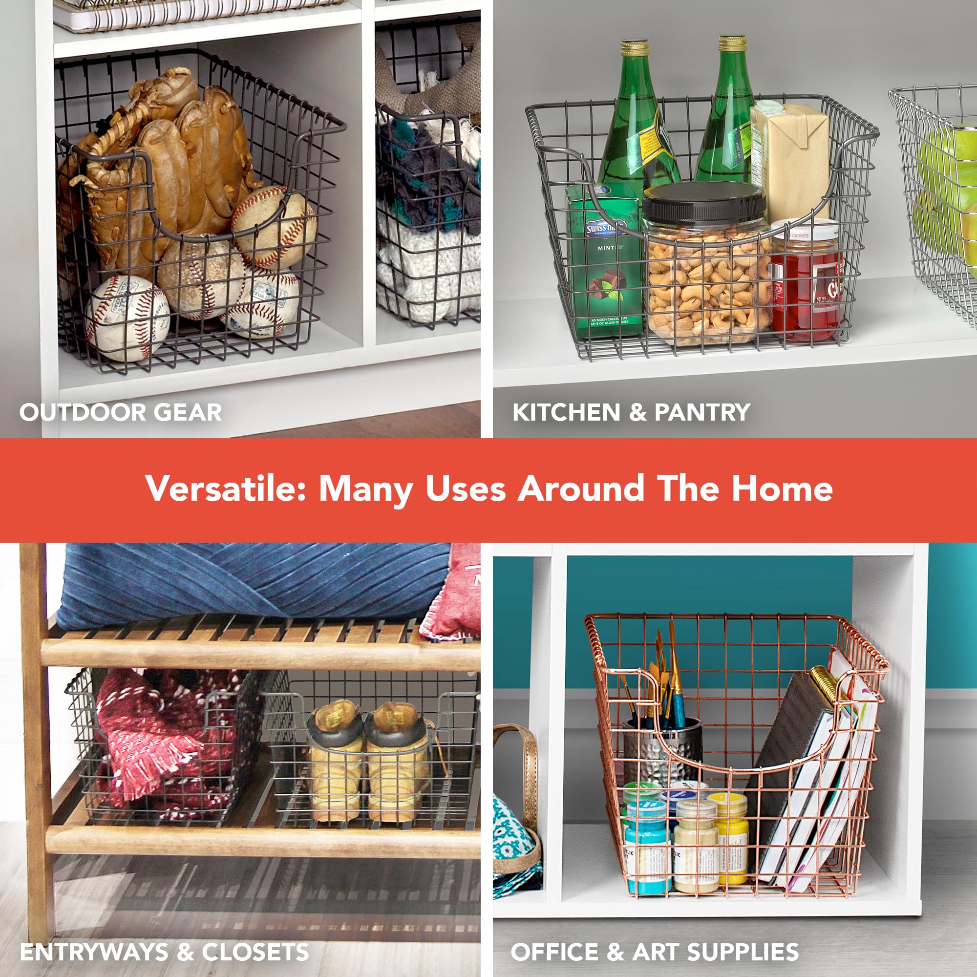 Spectrum Diversified 98977 Scoop Wire Basket, Vintage-Inspired Steel Storage Solution for Kitchen, Pantry, Closet, Bathroom, Craft Room & Garage, Single, Satin Nickel (Pack of 4) 5