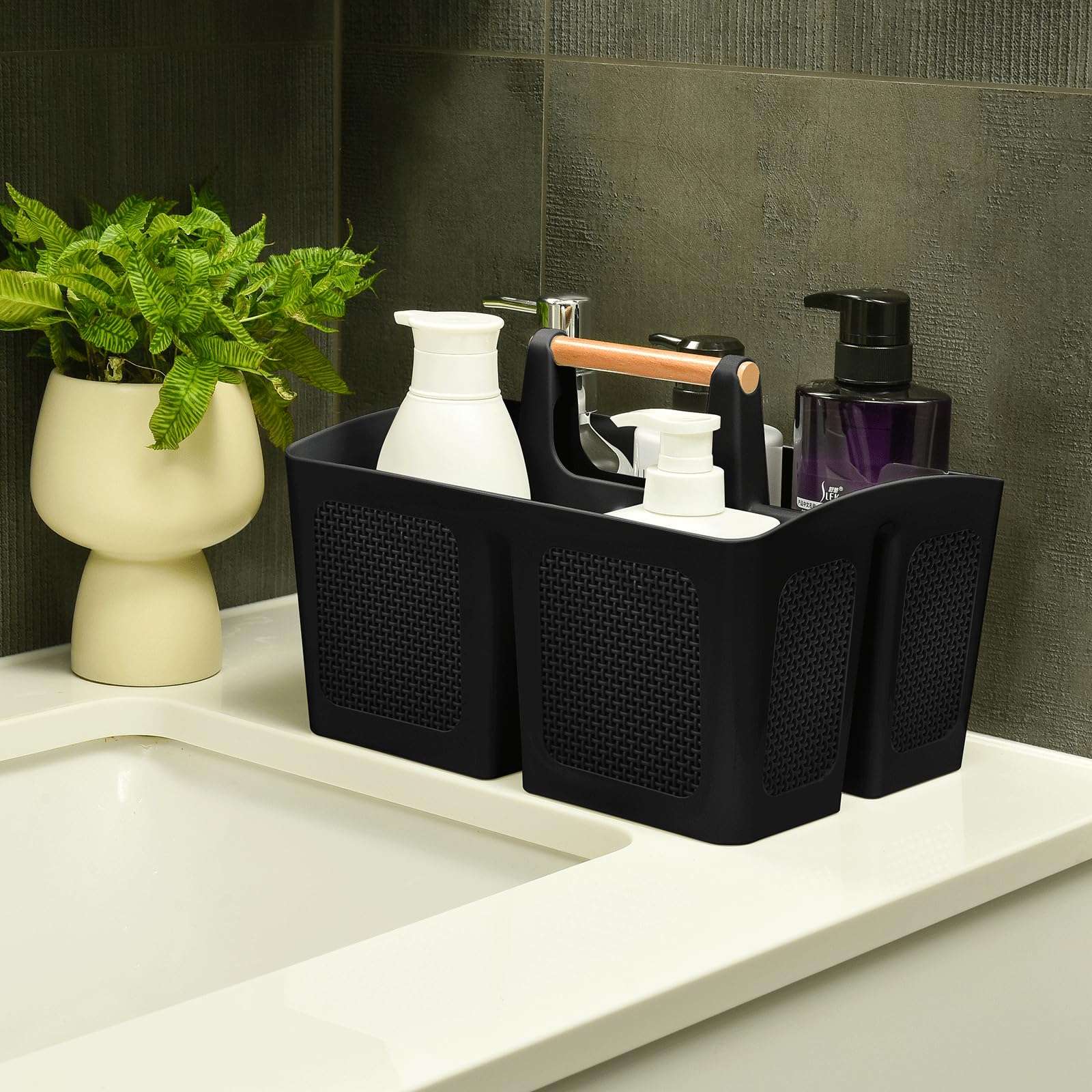 ALINK Portable Shower Caddy Basket with Compartments, Plastic Divided Cleaning Caddy Organizer Storage Tote with Handle for Bathroom, College, Dorm Room Essentials, Black 5