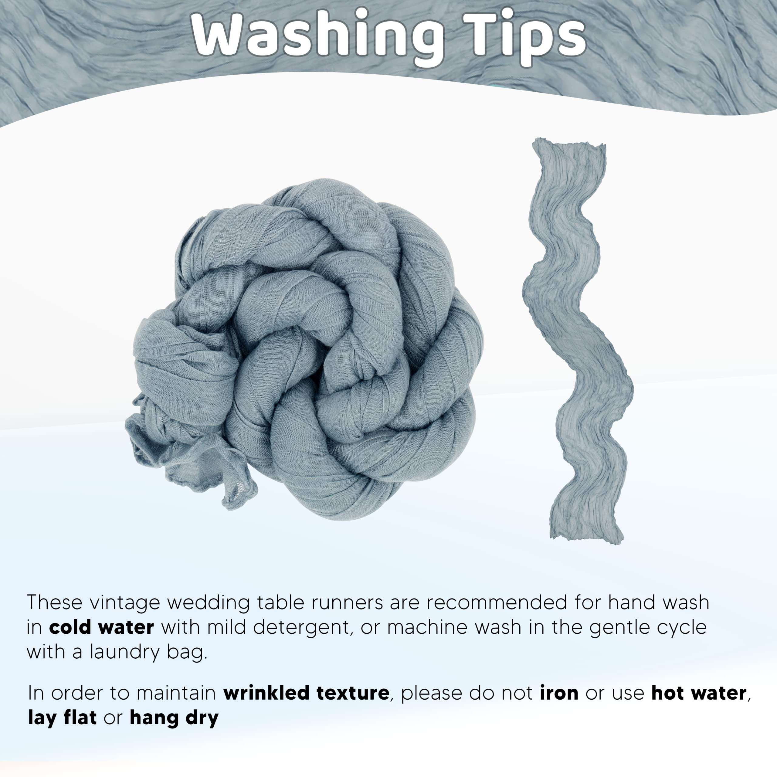 SAMUSAI Cheesecloth Table Runner Rustic Sheer Fabric & Boho Design for 8-10 Seater Long Table Decorations Ideal for Weddings, Bridal Shower, Birthday Parties Pack of 12 Dusty Blue (120”L x 35”W) 6