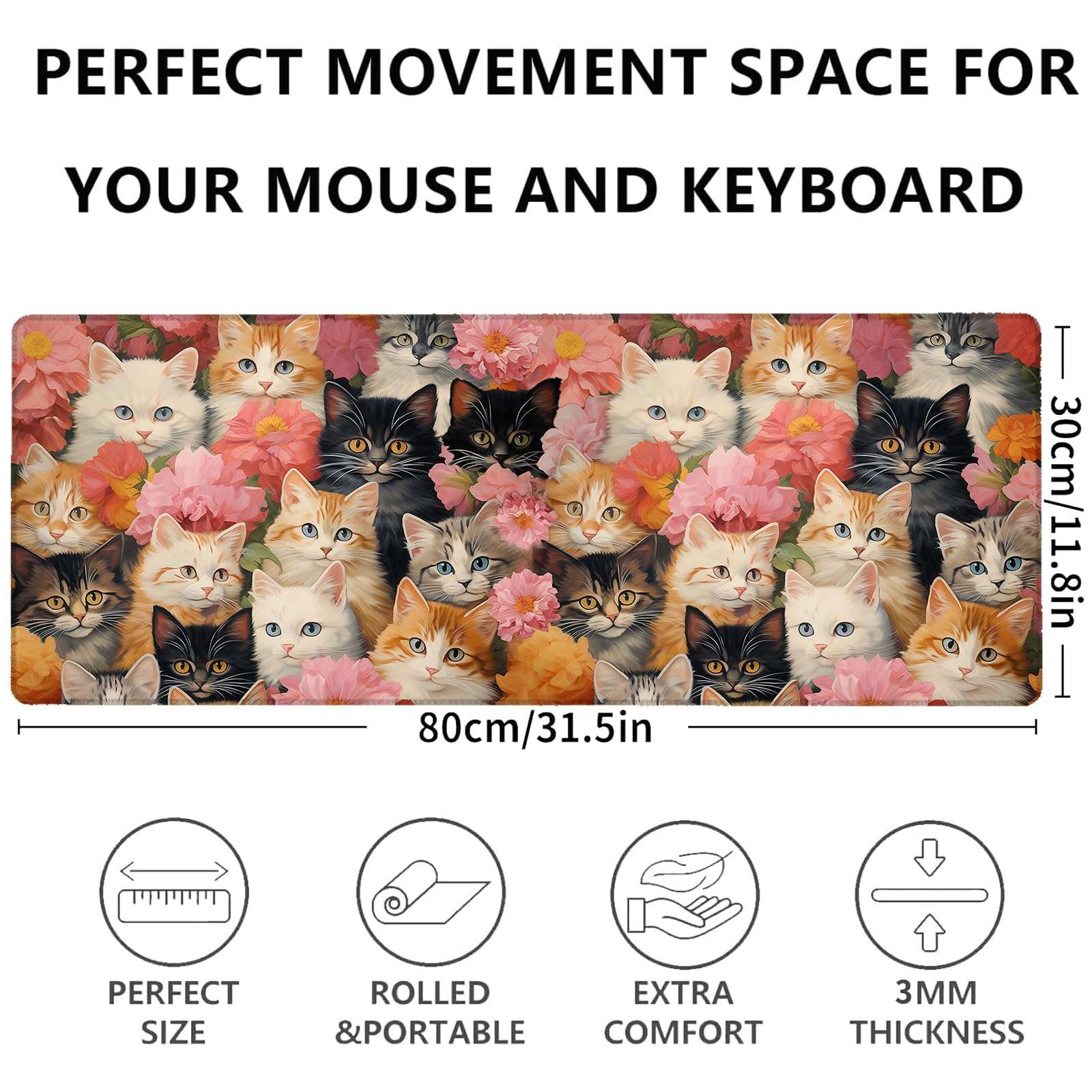 amepay Cute Cat Gaming Mouse Pad 31.5 x 11.8 Inch,Kitten Flower Large Extended Desk Mat with Non-Slip Rubber Base,Floral Big Mousepad for Laptop Computer PC,for Office Gamer Home Decor,Deskmat Gifts 4