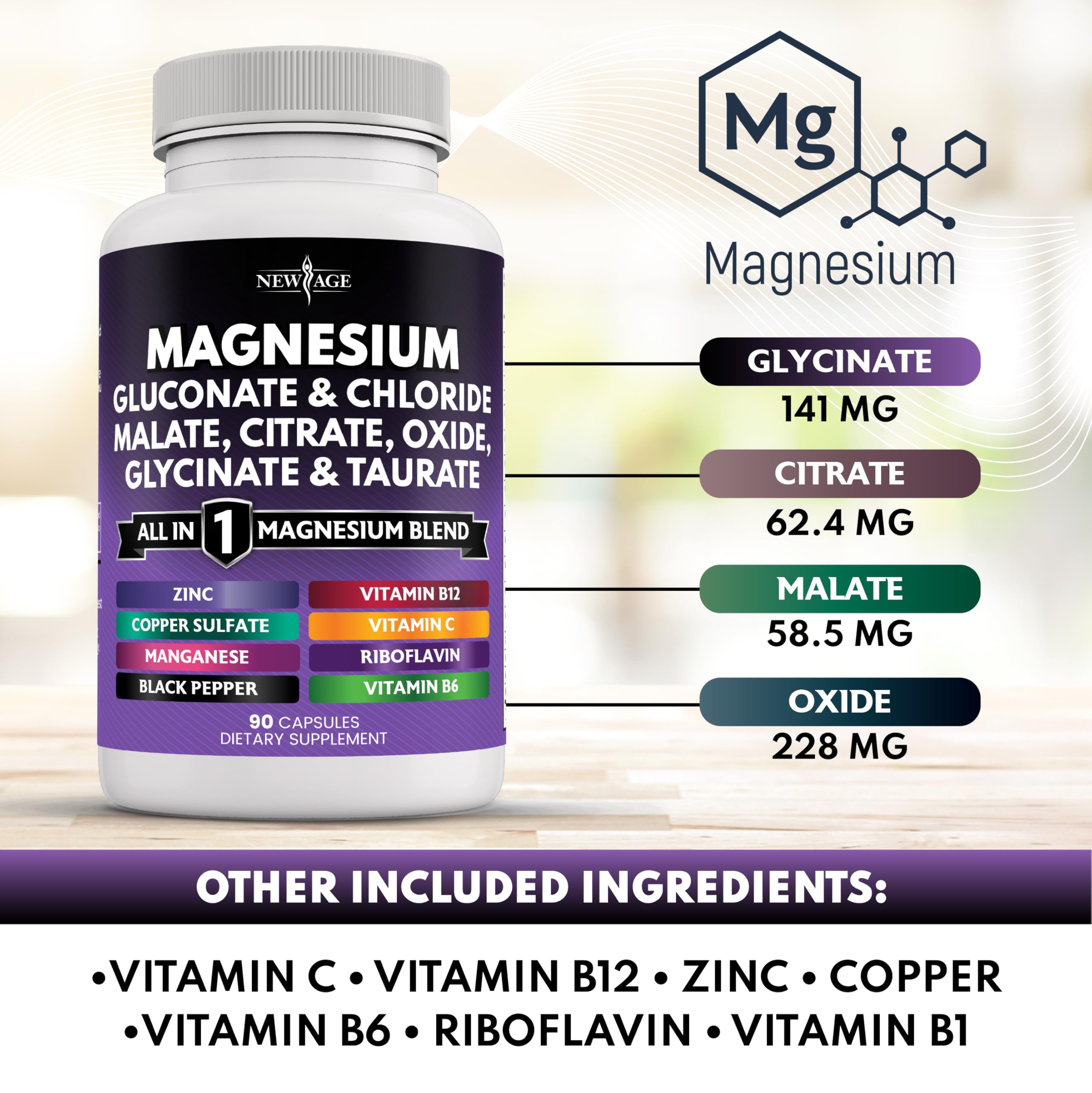 NEW AGE Magnesium Supplement -Powerful Glycinate Citrate Malate Oxide Taurate Aspartate Gluconate Orotate & Mag Chloride Manganese Bone Health and Bone Strength, Joint Support - 90 Count 4