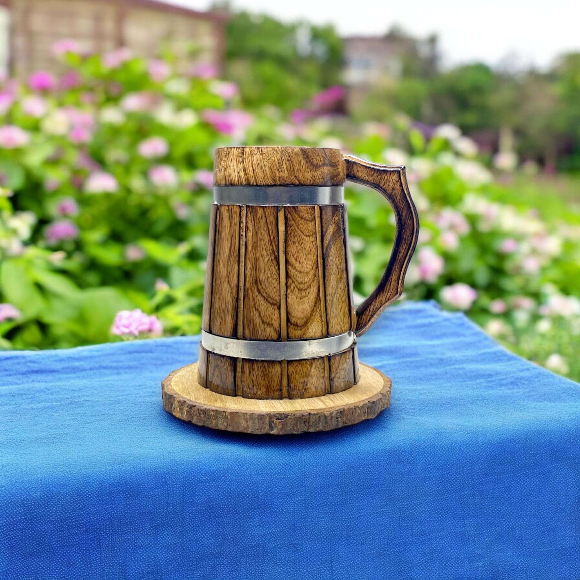 POSHIO Wooden Beer Mugs (600Ml, 6Pcs) with Tree Bark Coasters | Barrel Shaped Beer Mugs Wooden | Mugs for Cocktail Parties - Sturdy Finish | Gift Item Barware 6