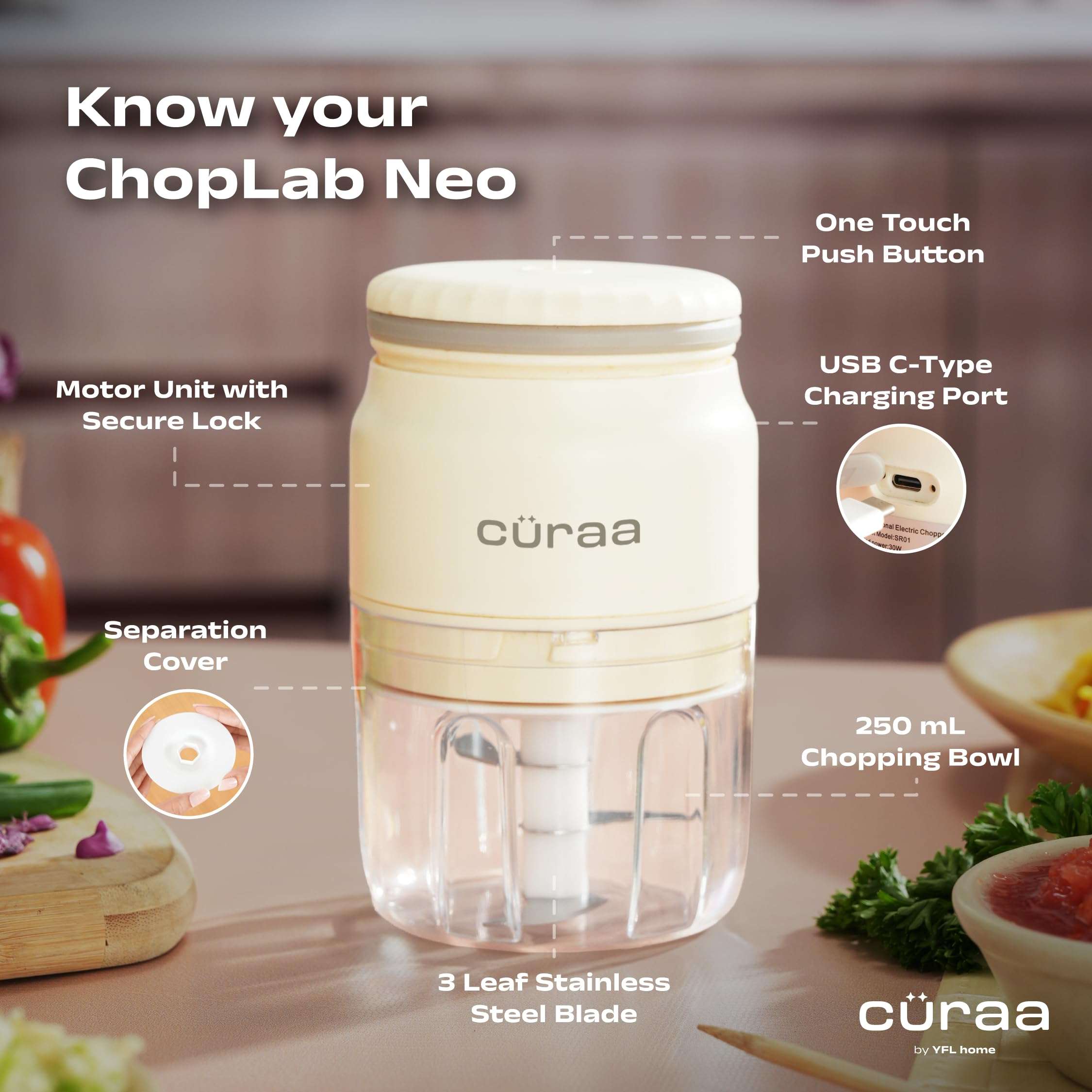 Cüraa ChopLab Neo, Mini Electric Chopper for Kitchen | Portable Food Processor with Stainless Steel Blade | Rechargeable, Ideal for Mincing Garlic, Ginger, Onion, Vegetable & Nuts 250 ml 6