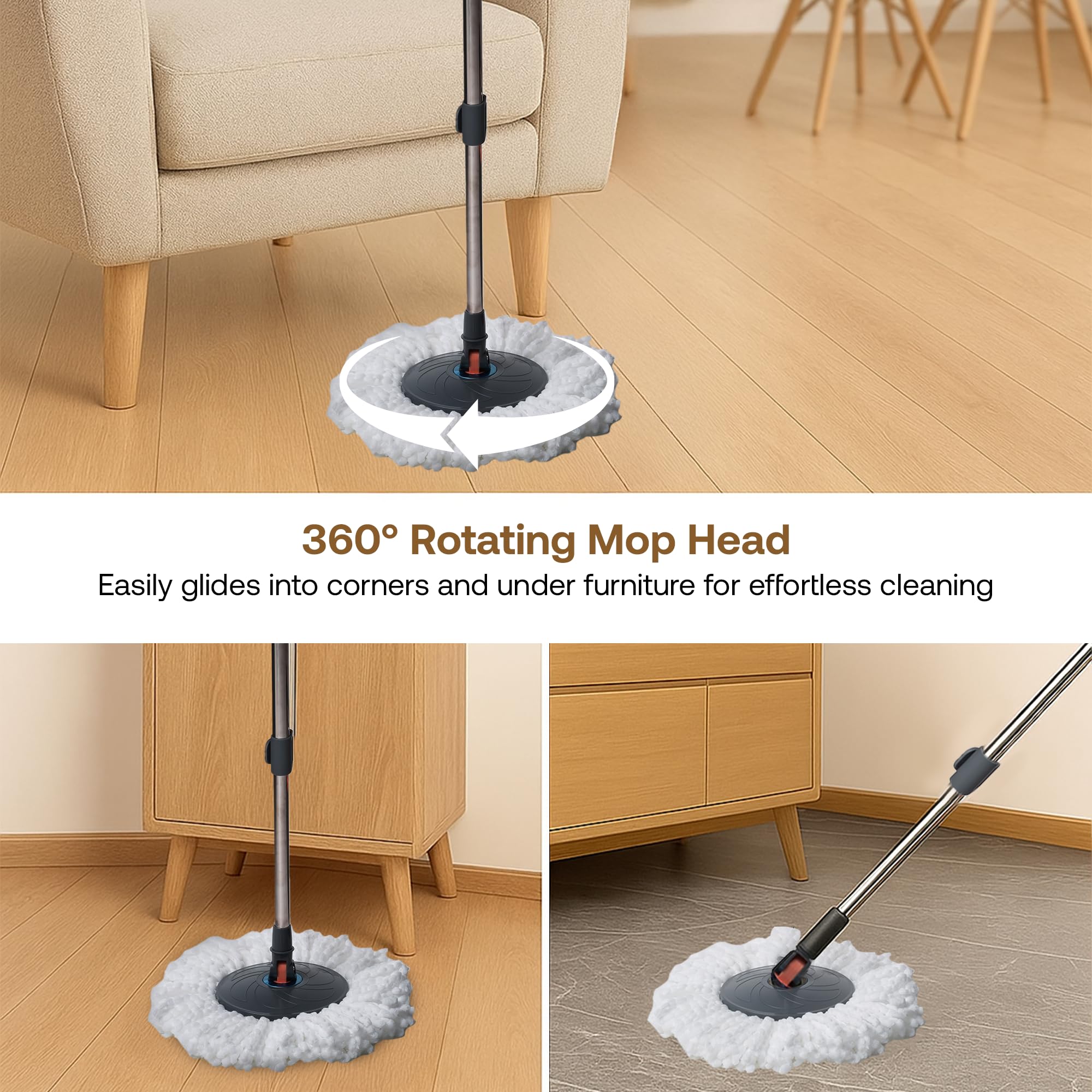 BonKaso Twin Spin Mop Set | 1 Bucket, 1 Handle & 2 Microfiber Mop Heads with Stainless Steel Wringer | 360° Easy Floor Cleaning for Home & Office 4