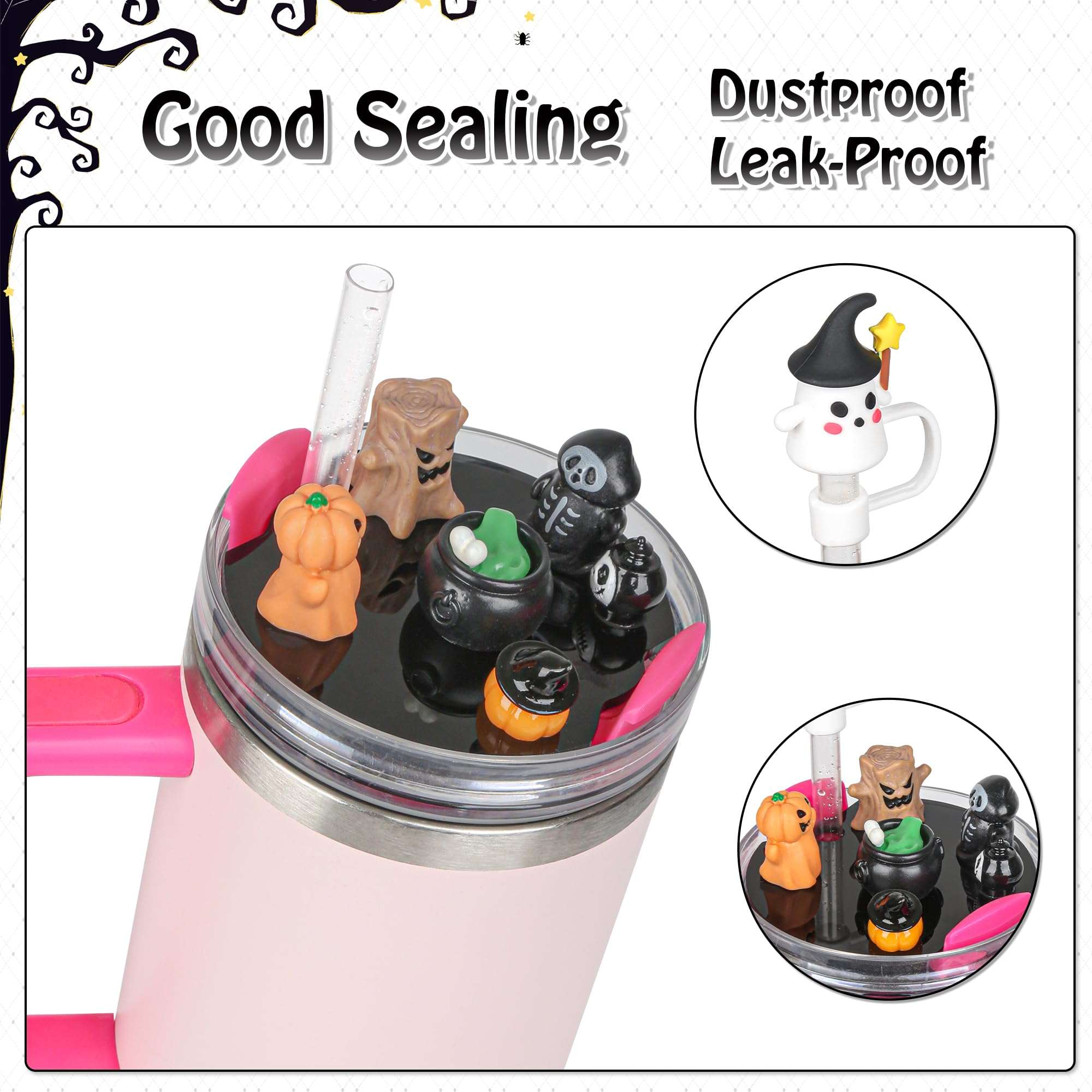 ZUZYEISS Accessories Compatible with Stanley Cup Lid, Fit for 40 oz Lid Charms Decor, Halloween Silicone Straw Topper Cover Cap, Cute Charms for 30&40 Oz Tumbler with Handle 6