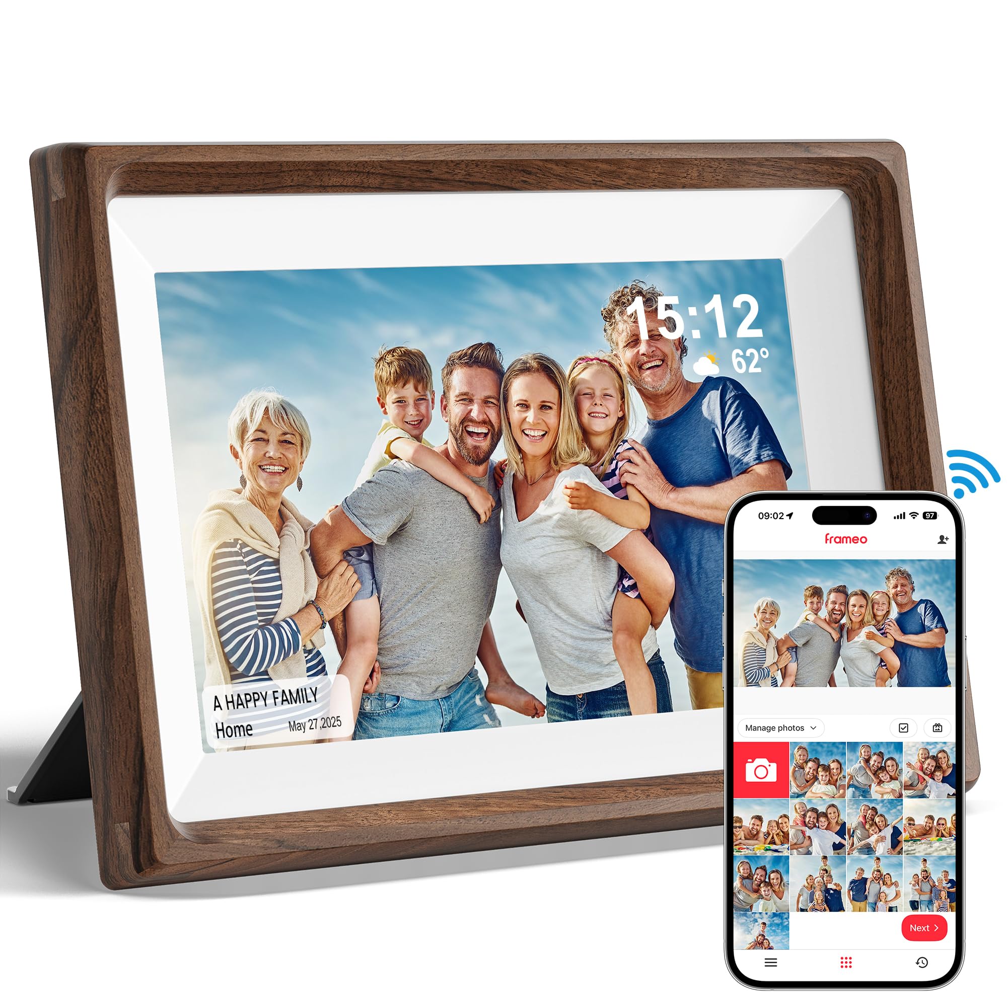 Frameo 10.1" Smart Digital Picture Frame with Walnut Moulding, 16:9 1280p HD IPS Touchscreen Display, 32GB Storage, MicroSD Slot, Plug-in Power, Easy Wireless Photo & Video Sharing, Idea 1
