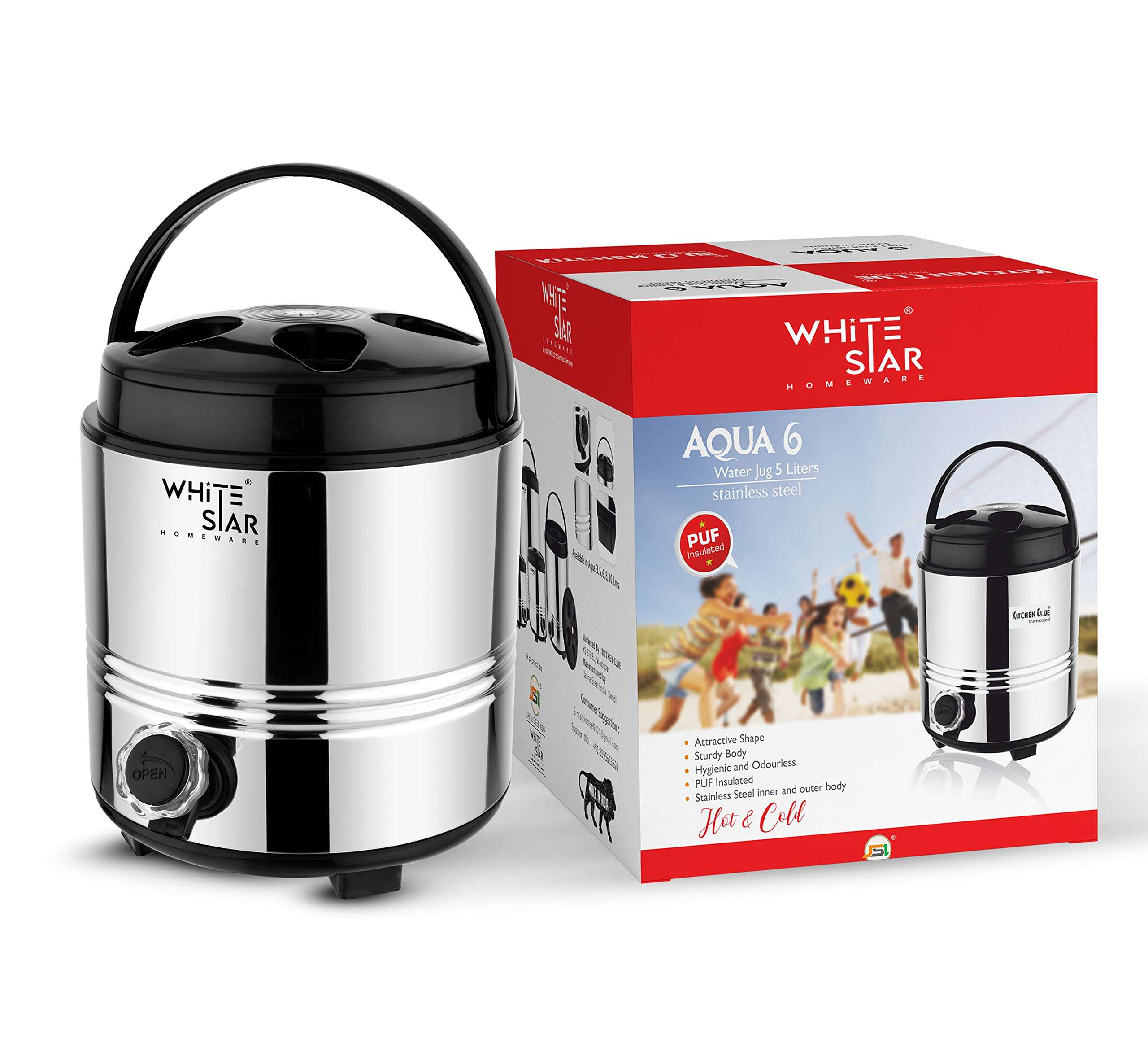 WHITESTAR Stainless Steel Office Water Dispenser 5 Liters of Water Storage Containers with Leak-Proof Tap I Hot and Cold Water Camper/Jug I PUF Insulated Thermosteel I Easy to Carry & Maintain 1