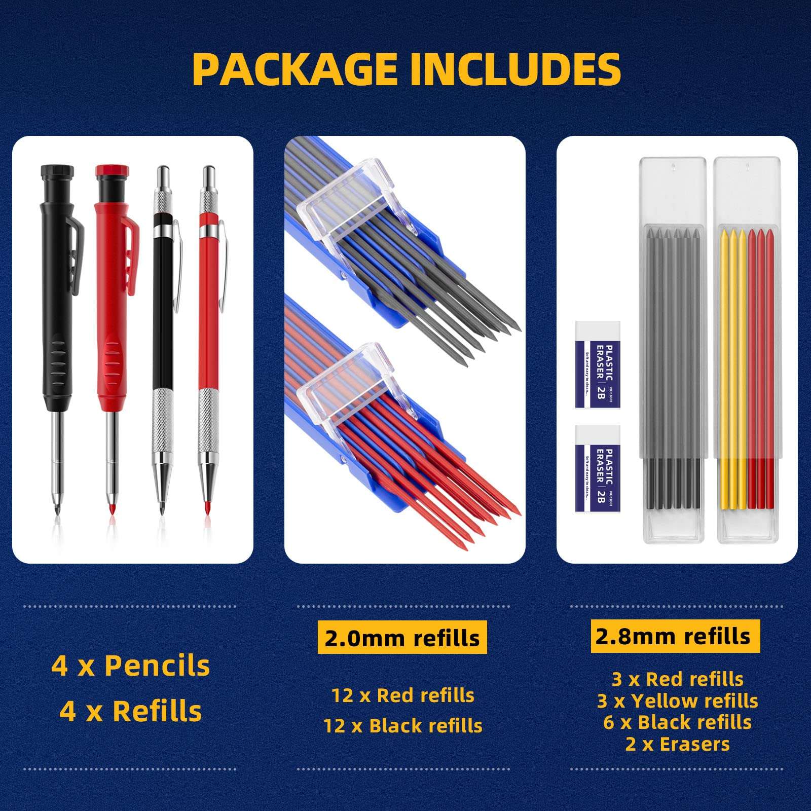 Mechanical Carpenter Pencil Set with 40 Refills and 2 Erasers, 4 PCS Deep Hole Woodworking Pencils Marker Marking Tool with Built-in Sharpener for Carpenter Woodworking Architect Construction 3