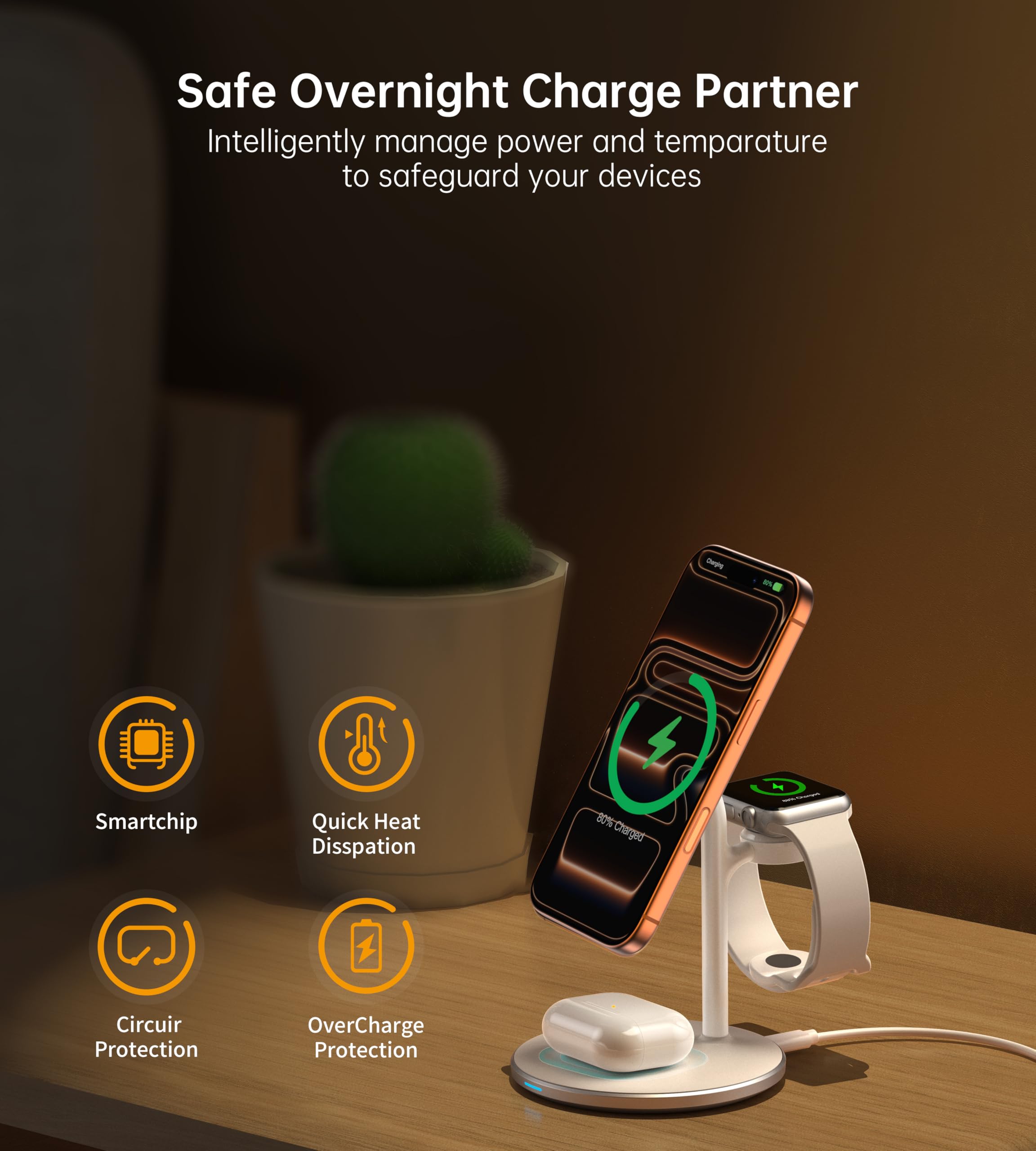 XooFly 3 in 1 Wireless Charging Station for Apple Devices, Fast Wireless Mag-Safe Charger Stand with 20W Adapter for iPhone 17/16 15 14 13 12 Series, iWatch, AirPods, 2 Pack White & Black 6