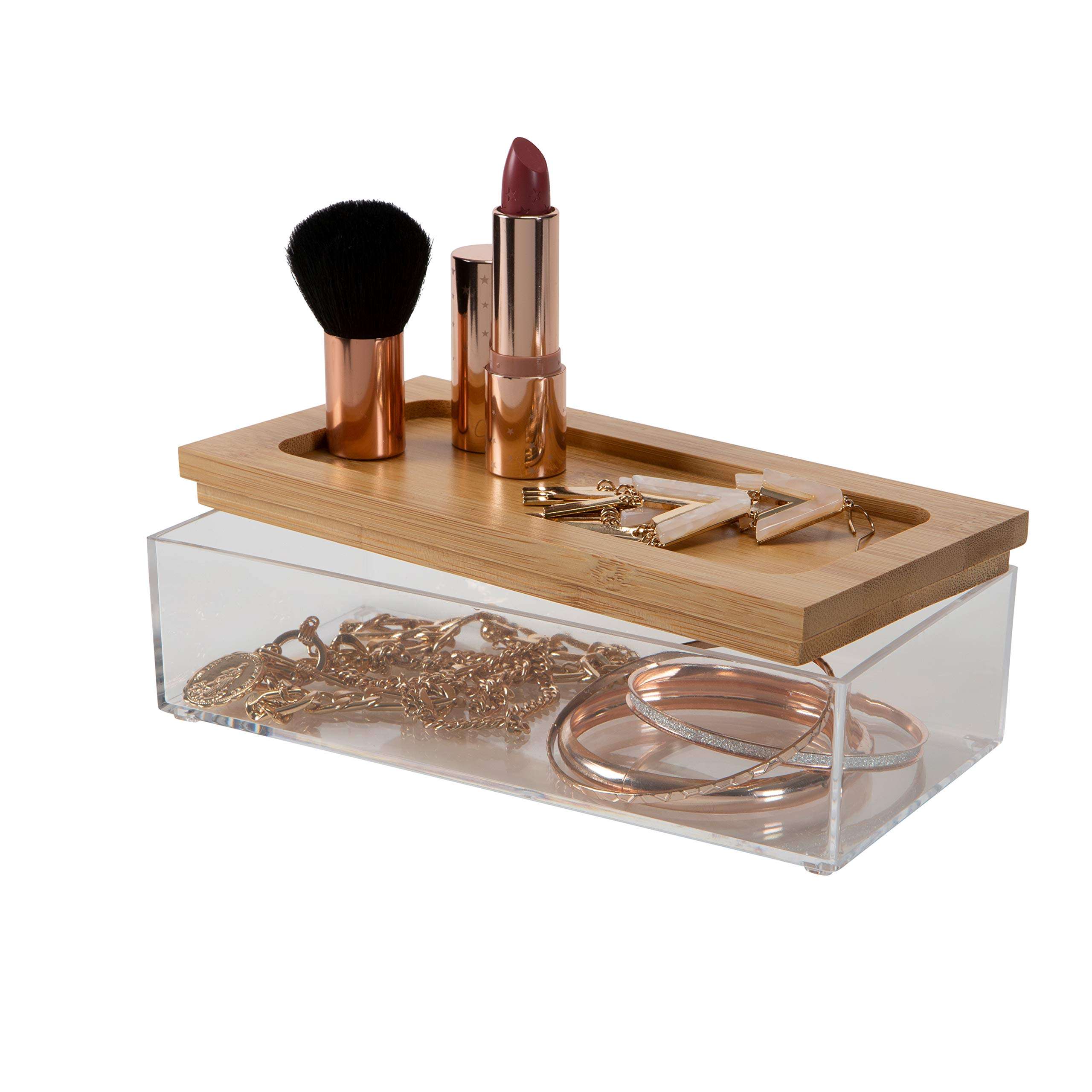 Simplify Medium Rectangular Bamboo Organizer | See-Through | Jewelry | Makeup | Cosmetics | Accessories | Bathroom & Bedroom | Vanity & Countertop | Lidded Boxes | Super Clear 1