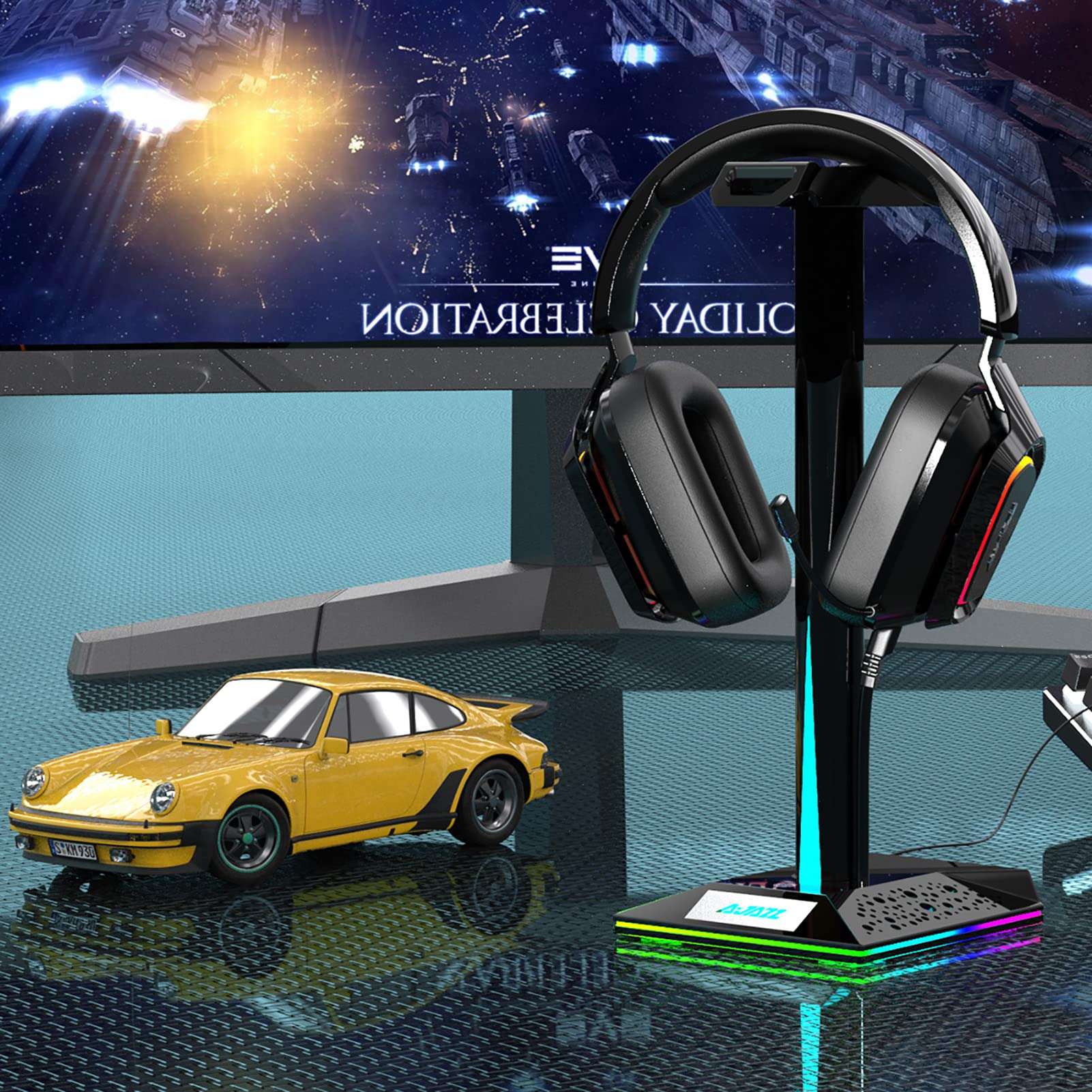 AJAZZ EB01 RGB Headphone Stand with 2 USB Ports and 3.5mm AUX, 14 RGB Lighting Effects, Desk Gaming Headset Holder Hanger Rack (Black) 3