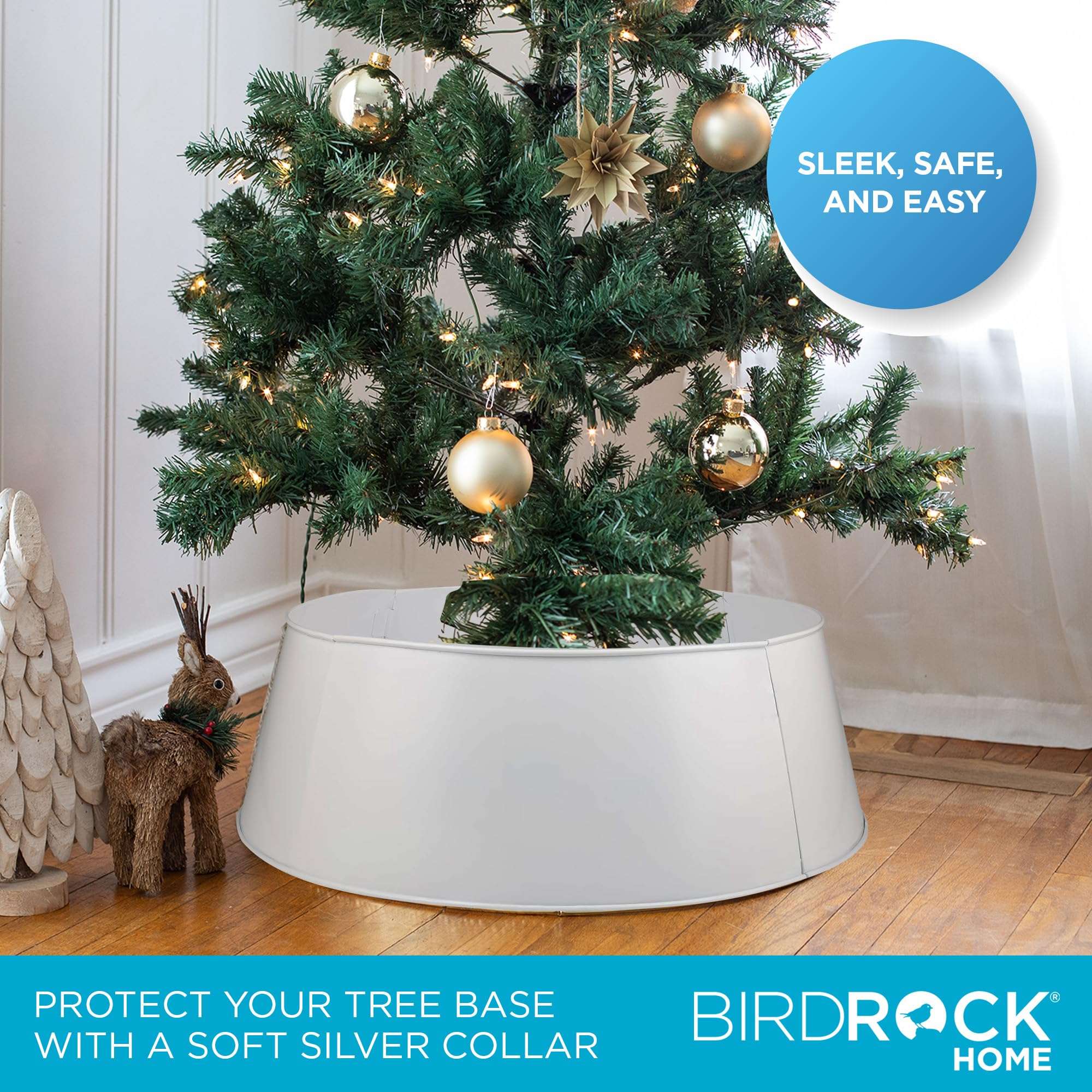BIRDROCK HOME 4-Panel Christmas Tree Collar - White - Metal Holiday Skirt Decor - Water Base Protection from Pets 5