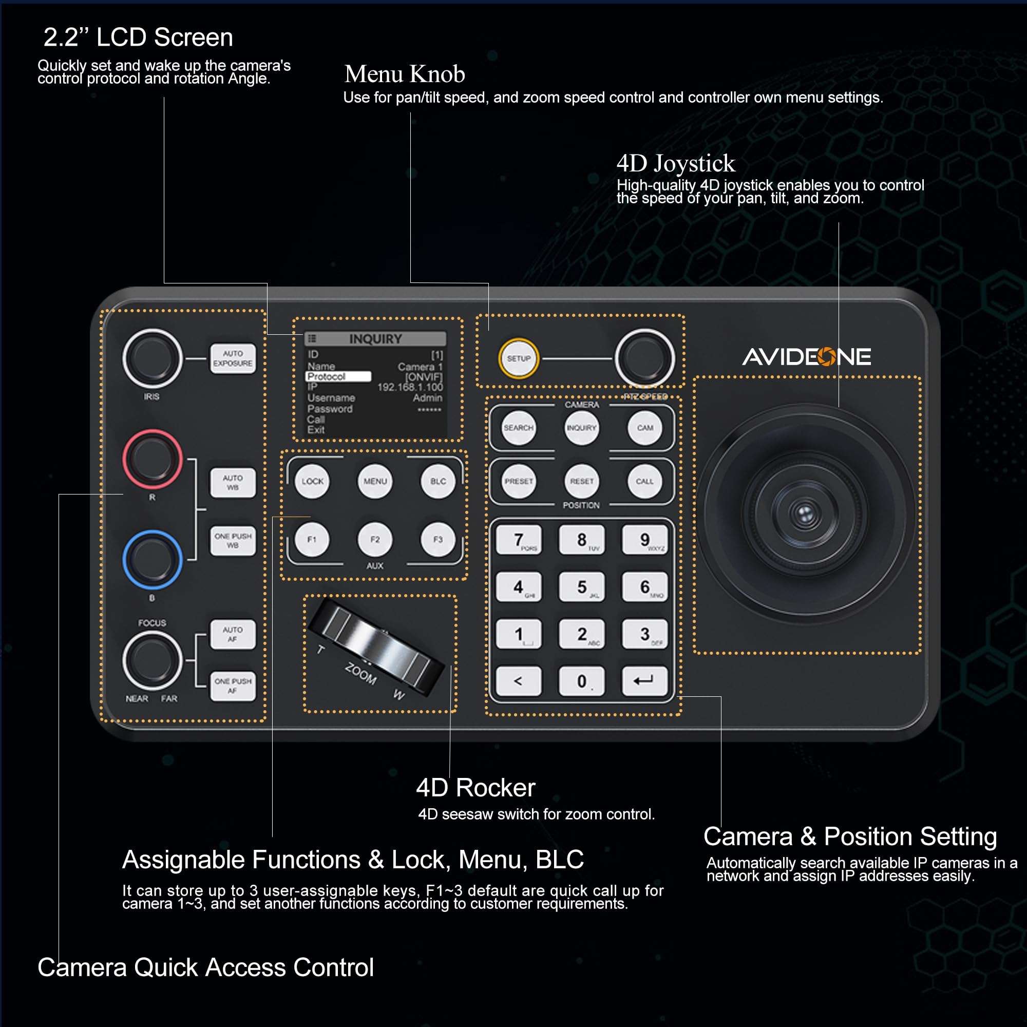 AVIDEONE PTZ Camera Controller with 4D Joystick Keyboard for Church Live Streaming, Sport Competition,Online Meeting, Support Visca, Visca Over IP Pelco - D/P Protocols 4