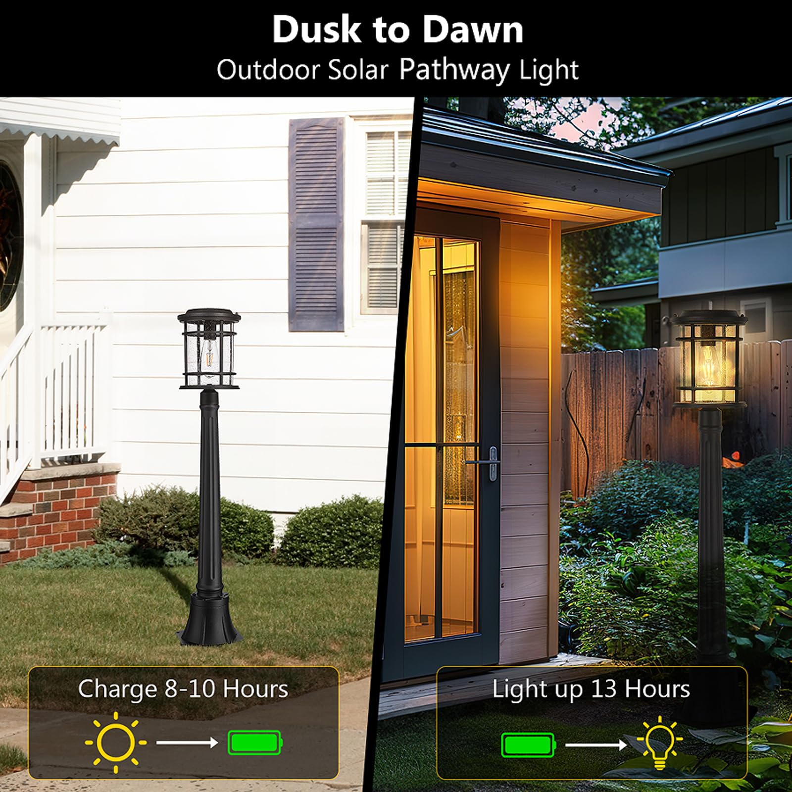 Emliviar Solar Pathway Lights Outdoor, Dusk to Dawn Walkway Light with Remote Control, Pole Light with Seeded Glass in Black Finish, LED Bulb Included, XE229PL-SL BK 5