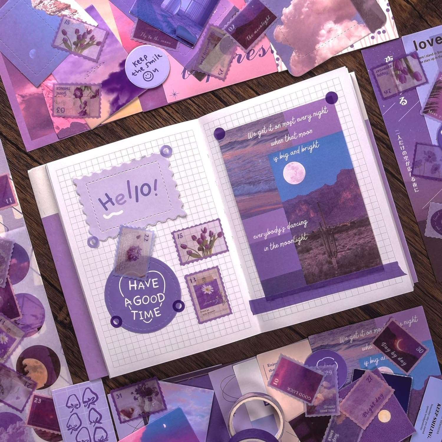 Cannagenix 346 Pcs Moonlight Scrapbook Kit Daily Journal Scrapbooking A6 Grid Notebook, Summer Craft ATR Stationery DIY Journaling Craft Kit Gift for Girls, Woman, Kids, Teen 6